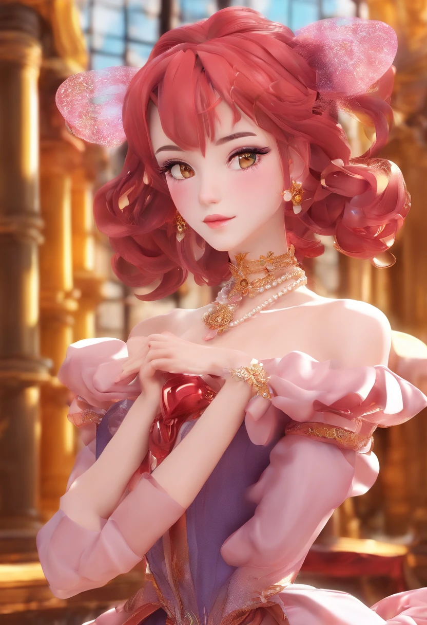 Mature anime woman, crimson hair, yellow eyes, hair in bun, pearls in hair, red Victorian dress, gold eyeshadow, glossy lips, long eyelashes