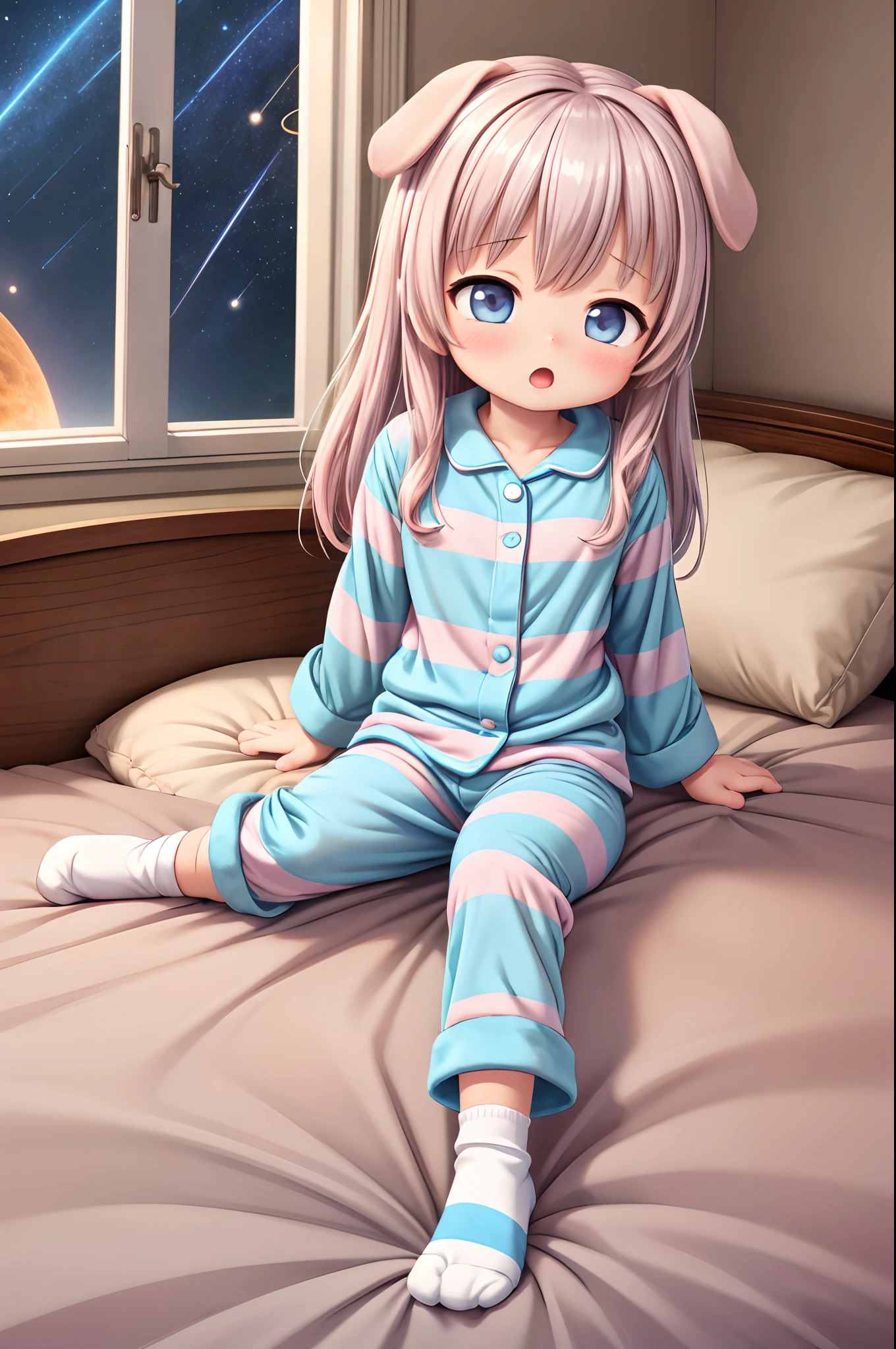 masterpiece,best quality,official art,extremely detailed CG unity 8k wallpaper,full body,wide angle,2girls,long hair,droopy dog ears,sleepy eyes,:o,striped pink blue pajamas and pants onesie,striped socks,sitting,bed,bedroom,window,night,galaxy,saturn,shooting stars