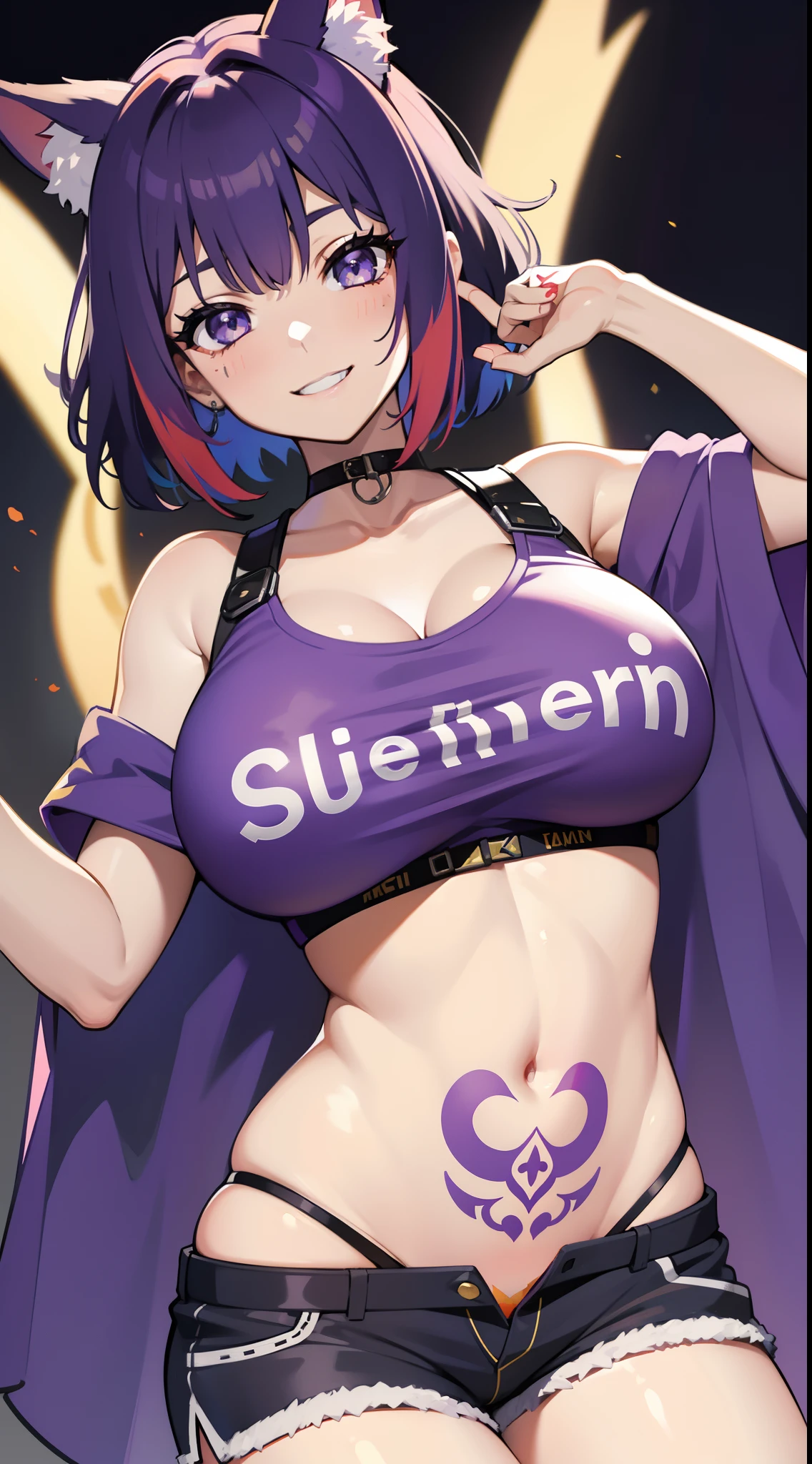 young girl, multi-colored hair, Short purple hair with yellow tips, Fox ears, blue eyes, Smile, open belly, Purple T-shirt, Huge-breasts, red tattoos, Shorts, Masterpiece, hiquality, 4k, HD, Good detail