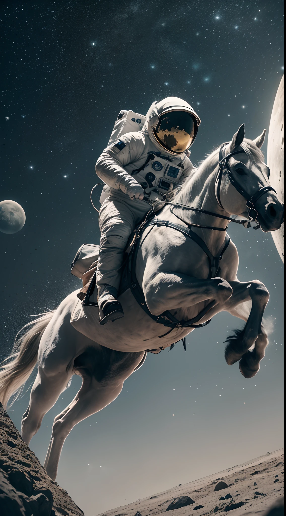 cinematic shot of astronaut on a horse floating on the moon, horse in rearing pose while floating, low gravity, a lot of moon dust, planet earth in background, 14mm, Wide Angle and Tracking Shots, Long Takes, Desaturated color grading, depth of field, dark western style, high quality, ultra detailed, 8k resolution,