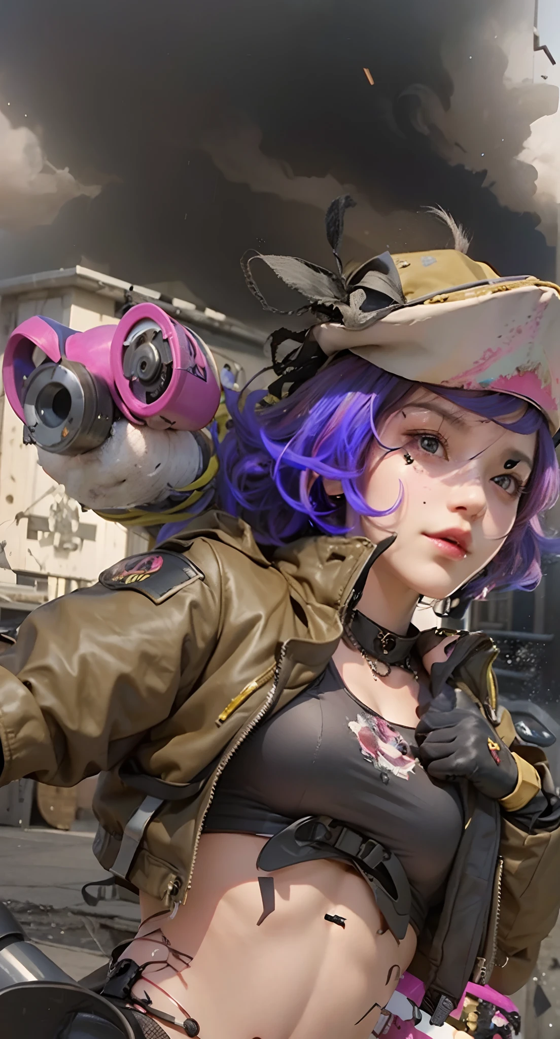 Real life adaption of this character, beauty face,looking to viewer,realistic same pink hair,realistic battlefield background with black smoke, hyper realistic, realistic light, realistic shadow, realism,(photorealistic:1.2), (realistic same outfit),(realistic same accecories) , realistic same bag, realistic same gloves, realistic same belt, realistic same necklace, realistic same hat