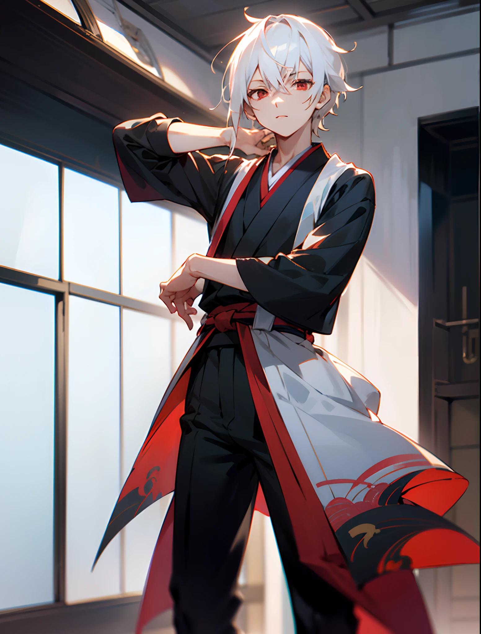 Japanese anime, youth, White hair, Red Eye, Sharp eyes, Short hair, Hair tied low, Model Standing, Posing, Chic room,High quality,male people