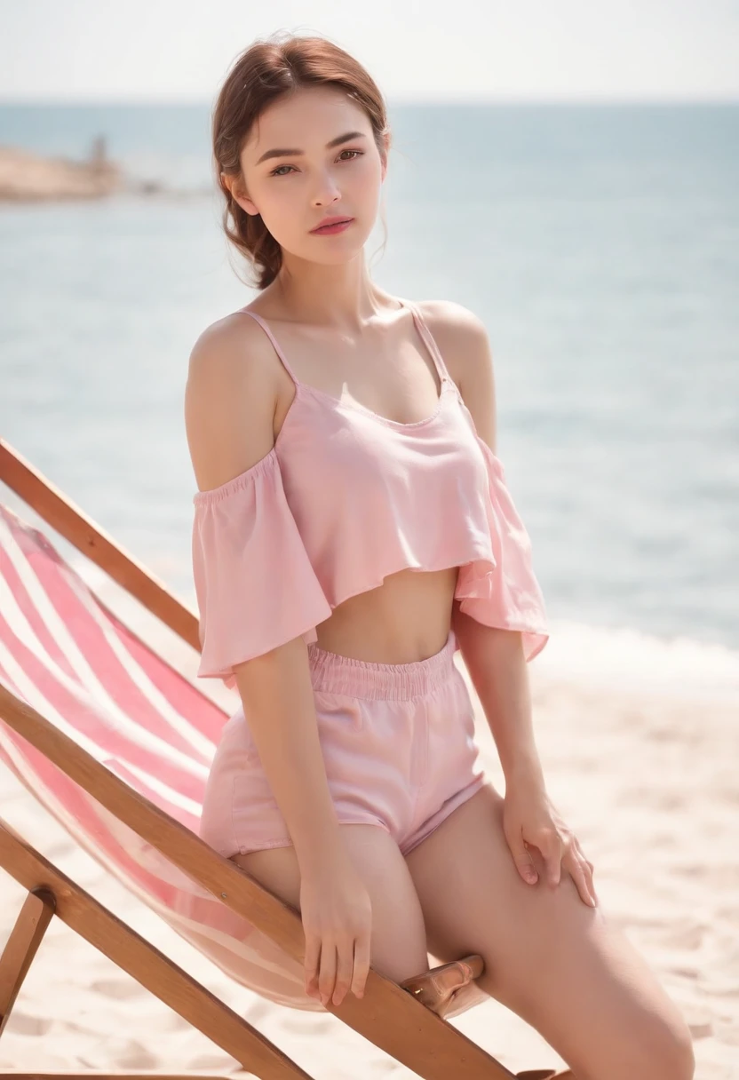 ultra high res, (photo realistic:1.4), raw digital photo, HDR, (sharp focus:1.0), (full body:1.5) of (1girls:1.1), beautiful 21-years-old, ((cute pink retro color color crop top), (shorts)), (imperfect uneven irregular skin, veins, detailed skin folds pores:1.2), (Sleeping:1.2) on a ( deckchair :1.4), sand (beach), background of beautiful (sea), beautiful sky, beautiful clouds, outdoors, (Rim light), (loop lighting:0.7), real-hands, film grain, (masterpiece:1.2), (best quality:1.2), 8k