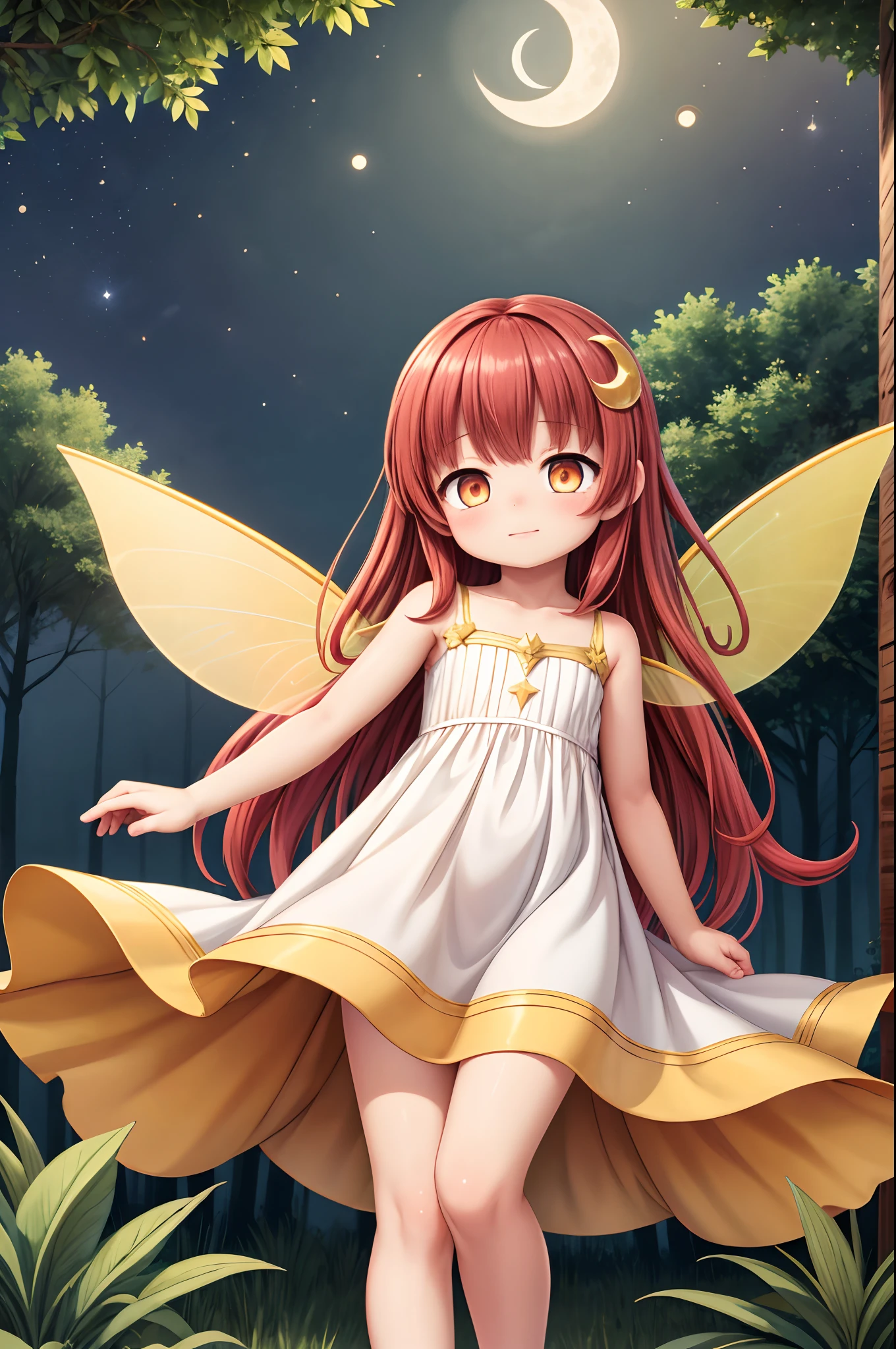 masterpiece,best quality,official art,extremely detailed CG unity 8k wallpaper,portrait,wide angle,1girl,long wavy red hair,bright gold eyes,fairy wings,long nature dress,floating,forest,night sky,stars,crescent moon,full moon,2 moons,looking at viewer,face focus