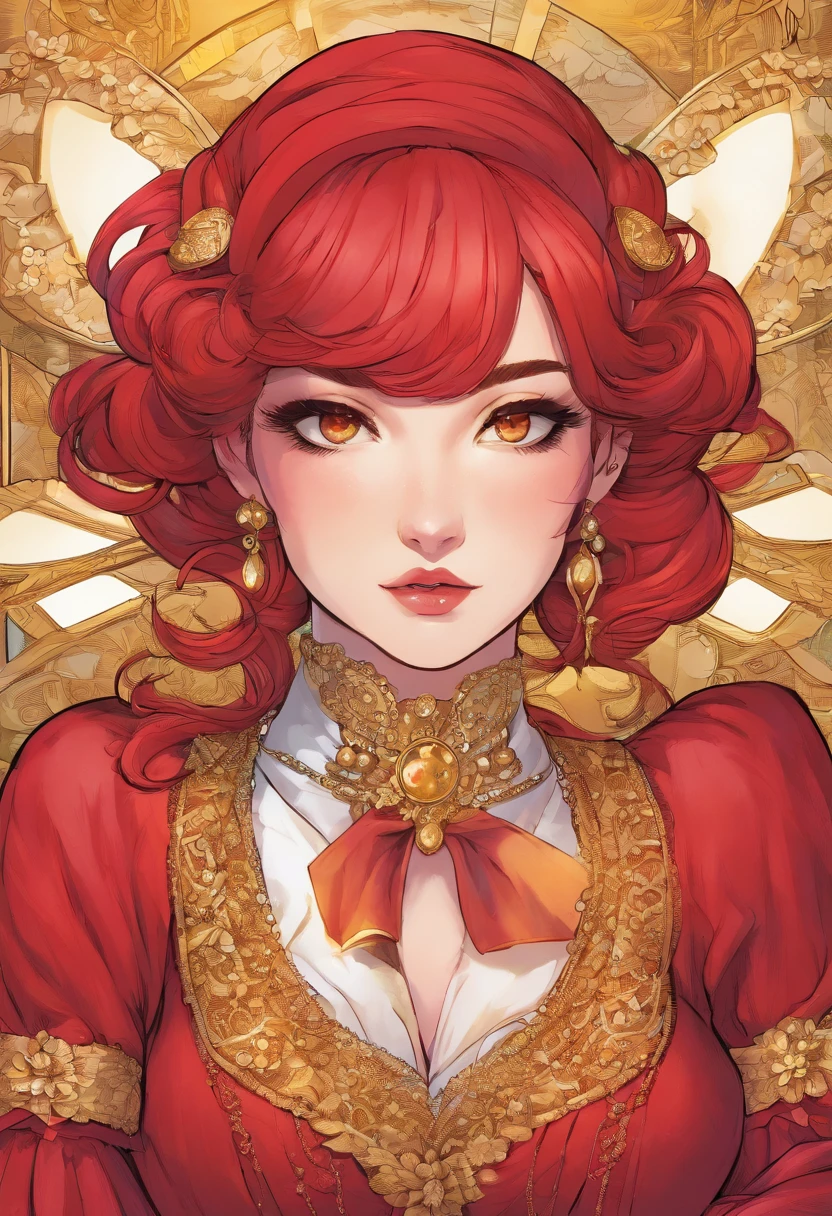 Mature anime woman, crimson hair, yellow eyes, hair in bun, pearls in hair, red Victorian dress, gold eyeshadow, glossy lips, long eyelashes