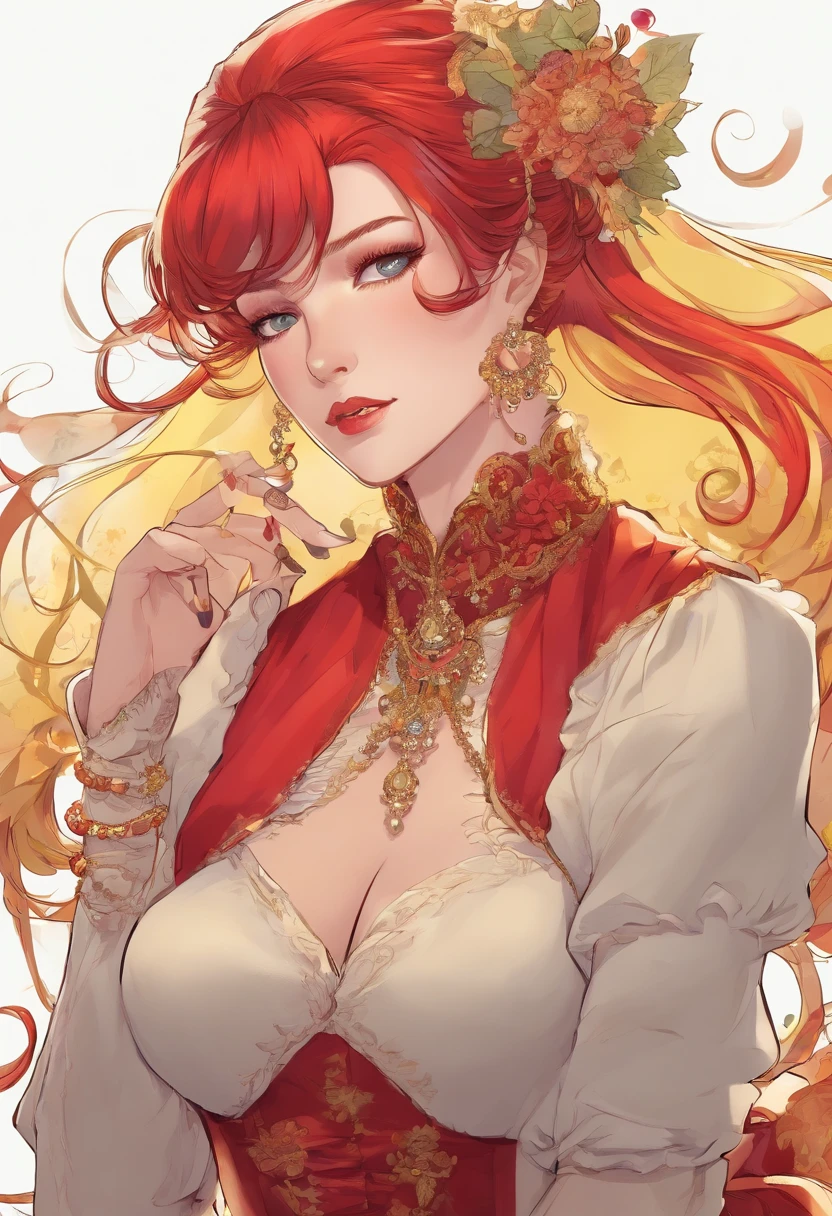 Mature anime woman, crimson hair, yellow eyes, hair in bun, pearls in hair, red Victorian dress, gold eyeshadow, glossy lips, long eyelashes
