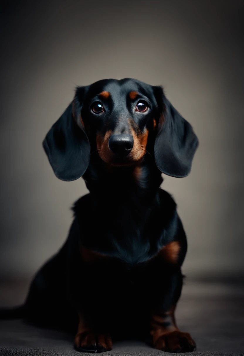 Portrait of a dog with all black fur, dachshund with short legs and floppy ears.