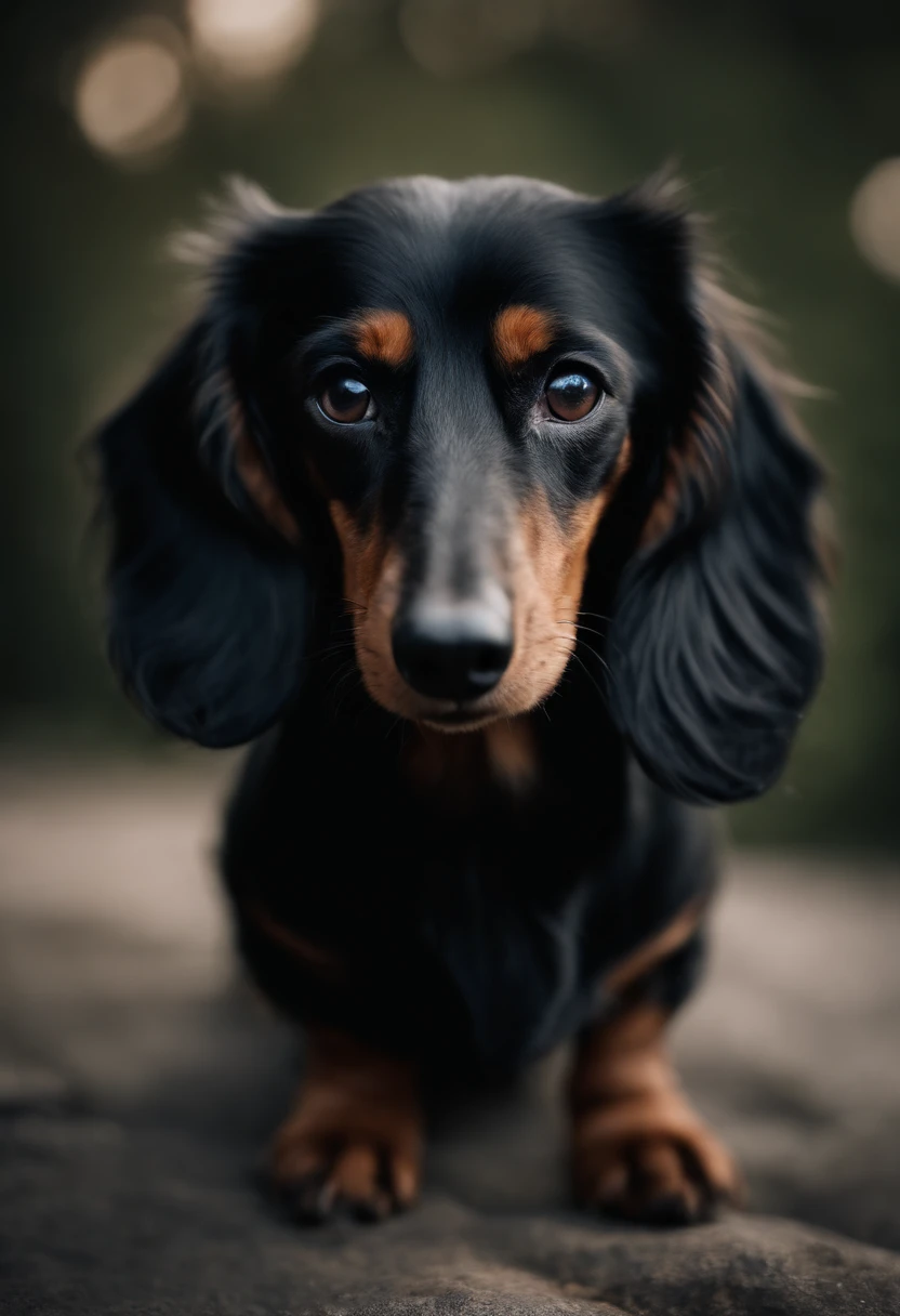 Portrait of a dog with all black fur, dachshund with short legs and floppy ears.