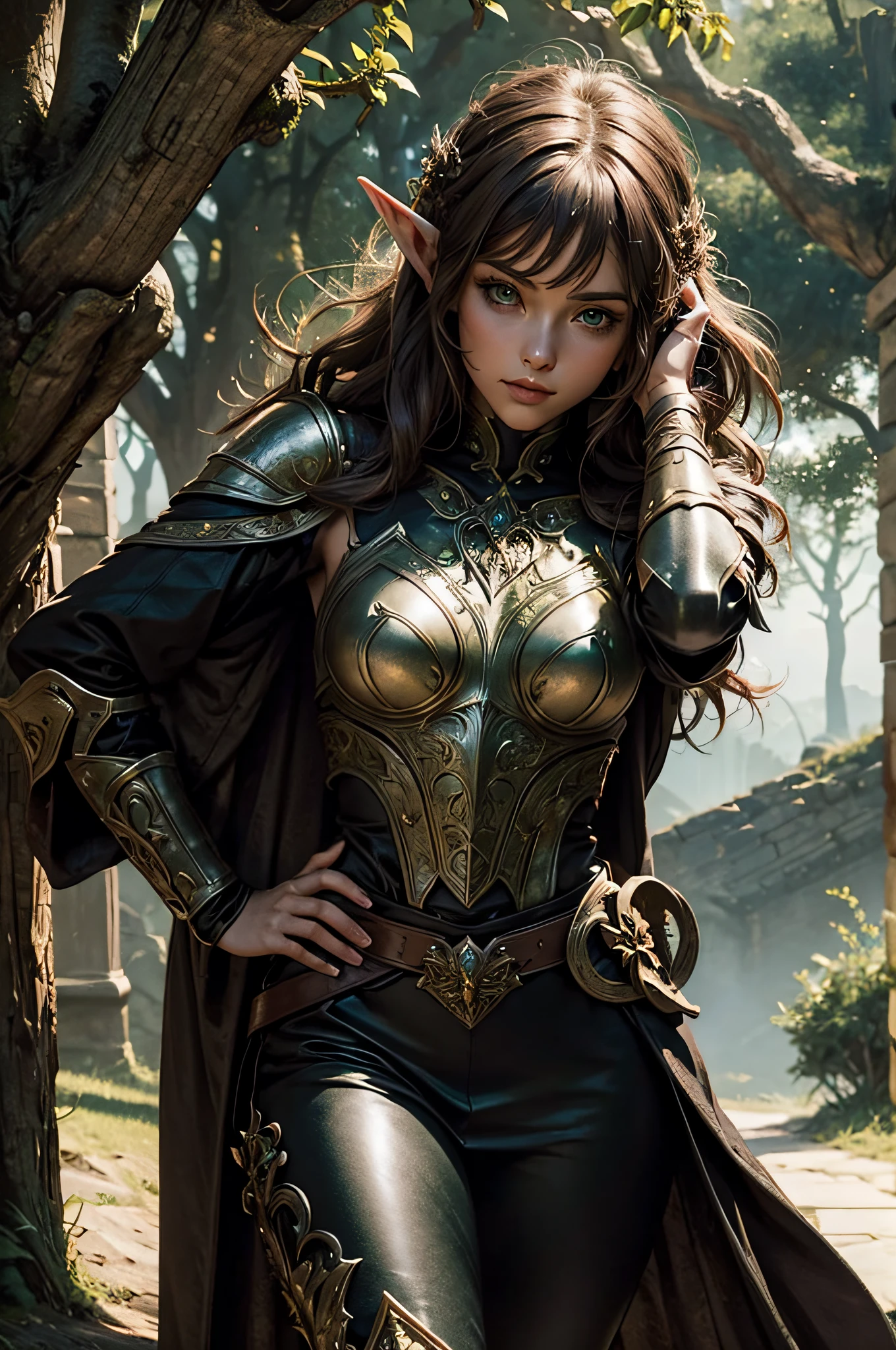 medieval setting,full view of body,1 woman,medium breast,very small elven ears, beautiful green eyes,brown hair, armor plate, cute skirt dress, black leather pants