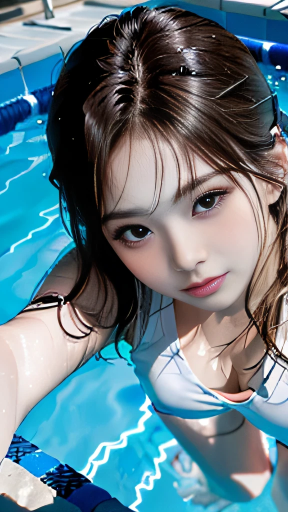 Swimming pool, Full body, Random Shots, Cute Girl, White transparent shirt, (Nipple: 1.2, Areola: 1.2), Collar open, Chest open, No Underwear, No Underwear, (Realism: 1.2), Photo Recovery, Local Lighting, hightquality, Super Details, detailed face details, Real skin texture, 8K, Depth Field, ultra wide-angle, anatomical correct