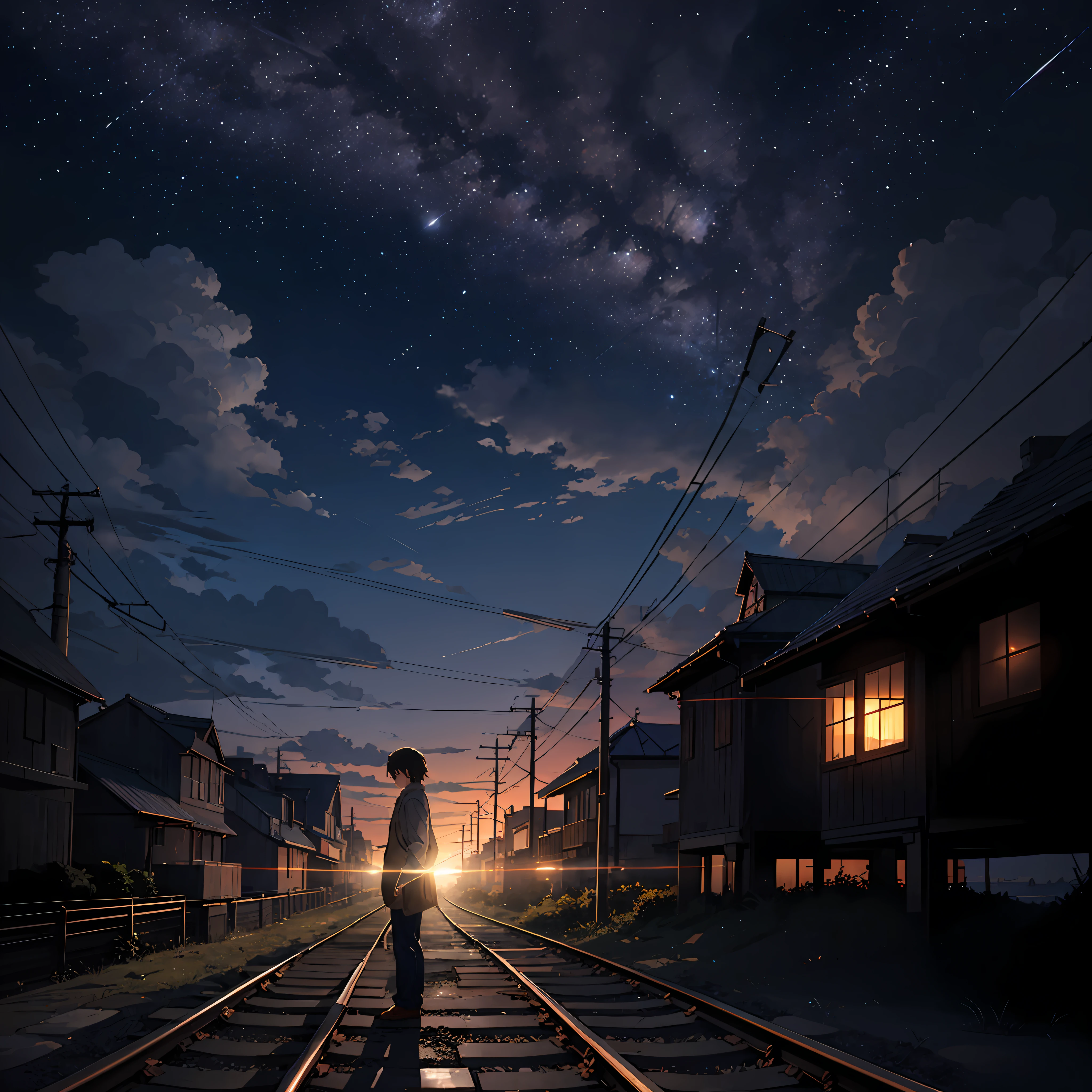 High quality masterpiece ，scenecy，Anime train passing through bodies of water on tracks， Glittering starry sky。Romantic train，Pisif，concept-art，Lofi art style，Reflectors。 By Makoto Shinkai, Lofi art, beautiful anime scenes, Anime landscapes, Detailed scenery —width 672, in the style of makoto shinkai, Makoto Shinkai's style，Detail enhancement。