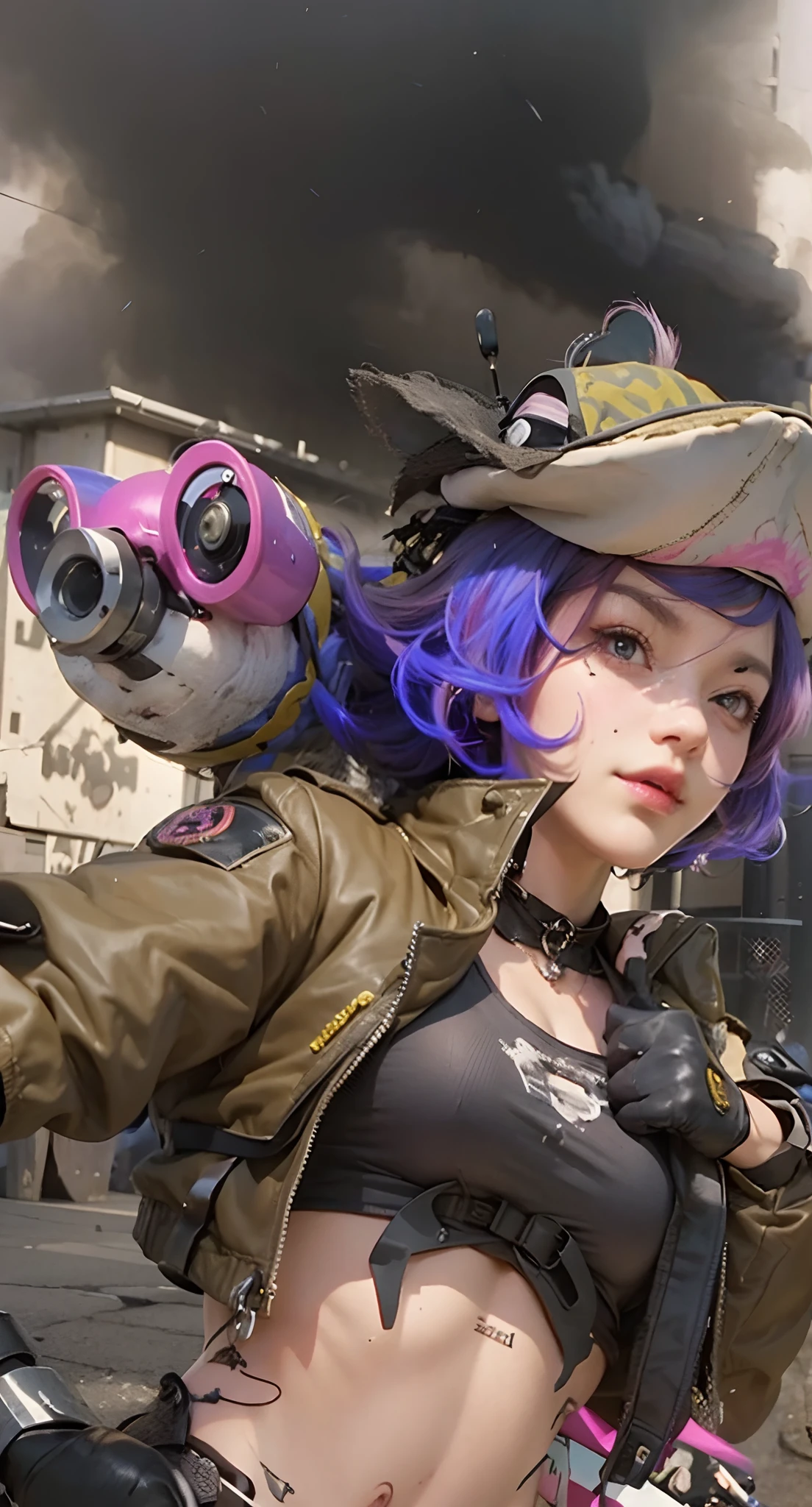 Real life adaption of this character, beauty face,looking to viewer,realistic same pink hair,realistic battlefield background with black smoke, hyper realistic, realistic light, realistic shadow, realism,(photorealistic:1.2), (realistic same outfit),(realistic same accecories) , realistic same bag, realistic same gloves, realistic same belt, realistic same necklace, realistic same hat