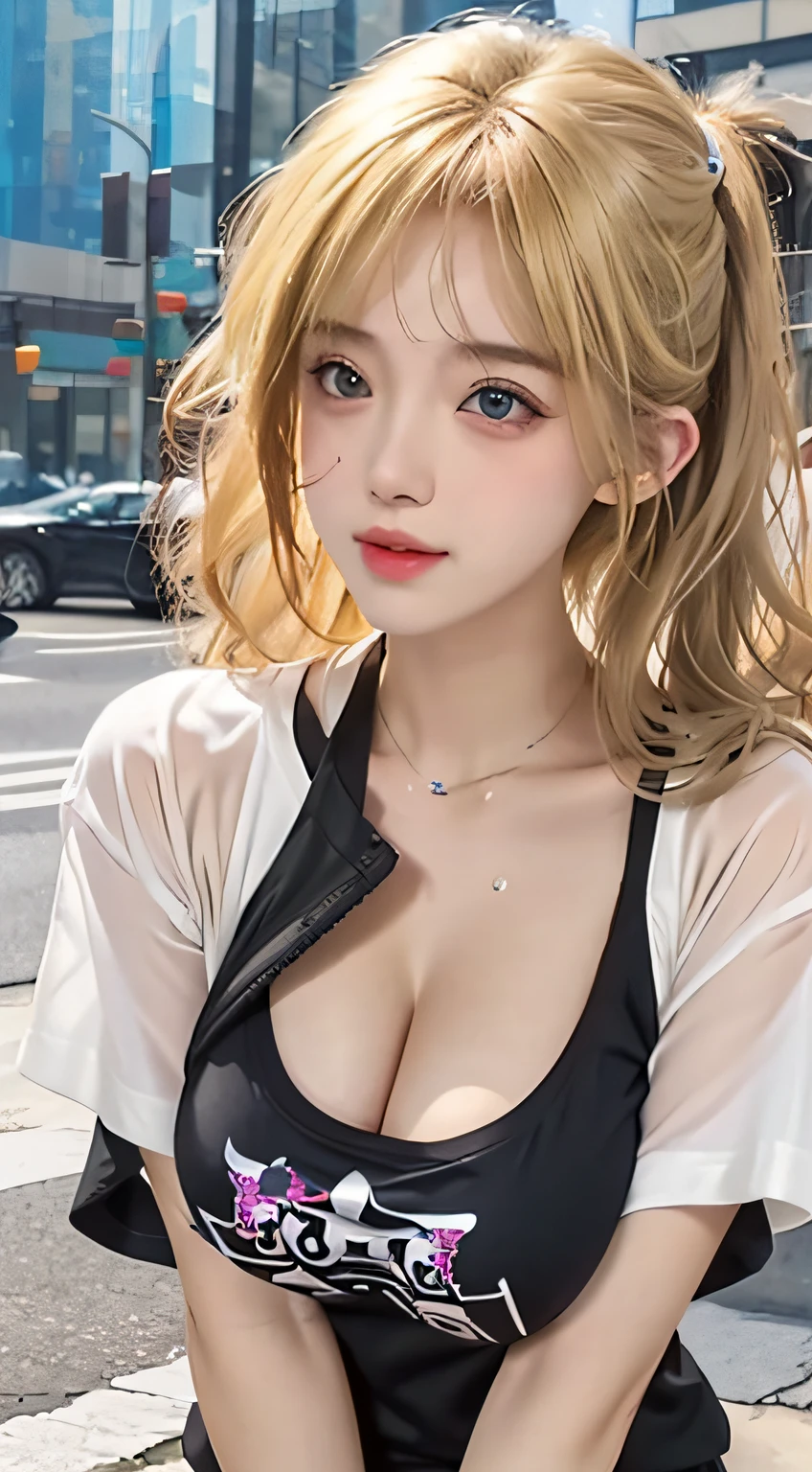 (1girl in), Colossal tits, (lactation)(Huge breasts)(Huge)breasts, asa, Moisturizes skin, Sweaty skin, Wavy blonde, punk tshirt, Punk Girl
