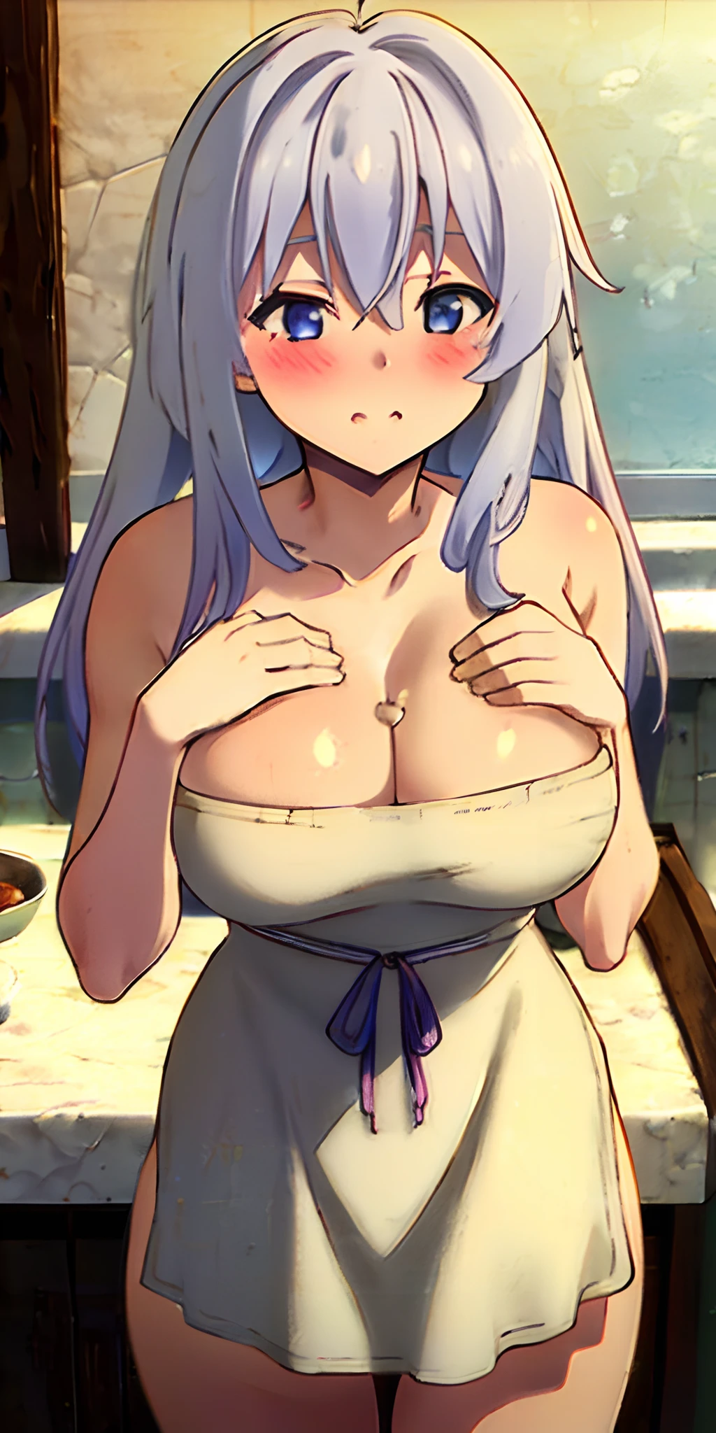 1girl, solo, (naked:1.3), (white apron), large breasts, cleavage, thighs, cafe background, (blushing:1.3)