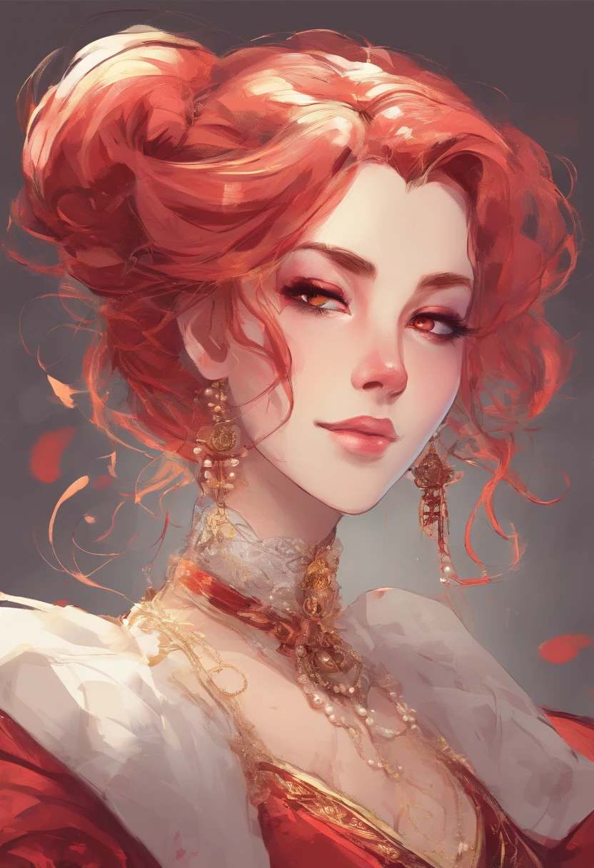 Mature anime woman, crimson hair, yellow eyes, hair in bun, pearls in hair, red Victorian dress, gold eyeshadow, glossy lips, long eyelashes