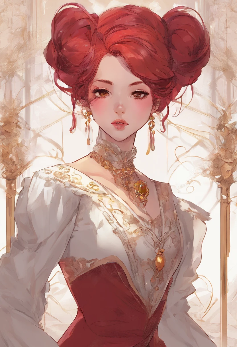 Mature anime woman, crimson hair, yellow eyes, hair in bun, pearls in hair, red Victorian dress, gold eyeshadow, glossy lips, long eyelashes