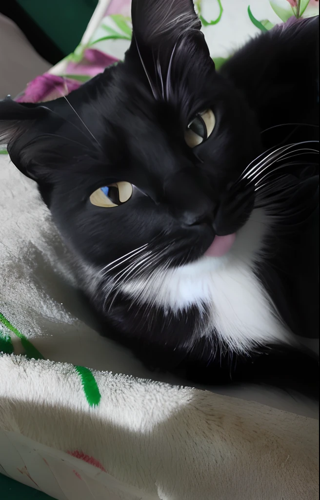 There's a black and white cat lying on a blanket, gato de smoking, soft lulling tongue, gato preto e branco, Looking towards the camera, Bigodes, screaming at the camera, winking at the camera, sneering at the camera, com um nariz branco, Tongue out, lovingly looking at camera, looking-into-camera, closeup no rosto, alta qualidade, sharped image, melhorar qualidade, realista