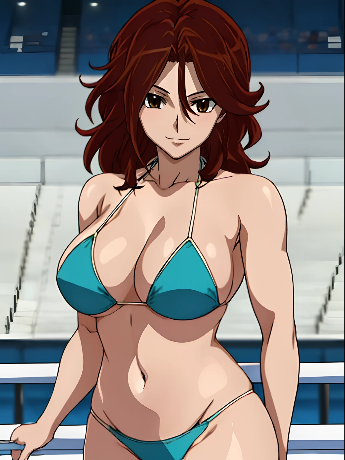 Elegant lady, very close view, anime style: 1.8, anime drawing, ultra detailed face, ultra detailed body, 4k, Sumergai Lee Noriega, ((standing on wrestling arena)), best quality, anime style, hires, highest definition, digital blending, bold drawing lines, (only WHITE background), ( slim body, (little biceps), , off-shoulders, closed fists, (curvy: 2.8)), ((bikini top and bottom with chaps))), gentle, (pale skin, shiny skin, very big breasts, smile), (big eyes, brown eyes), (brown hair, loose hair), 27 years old,