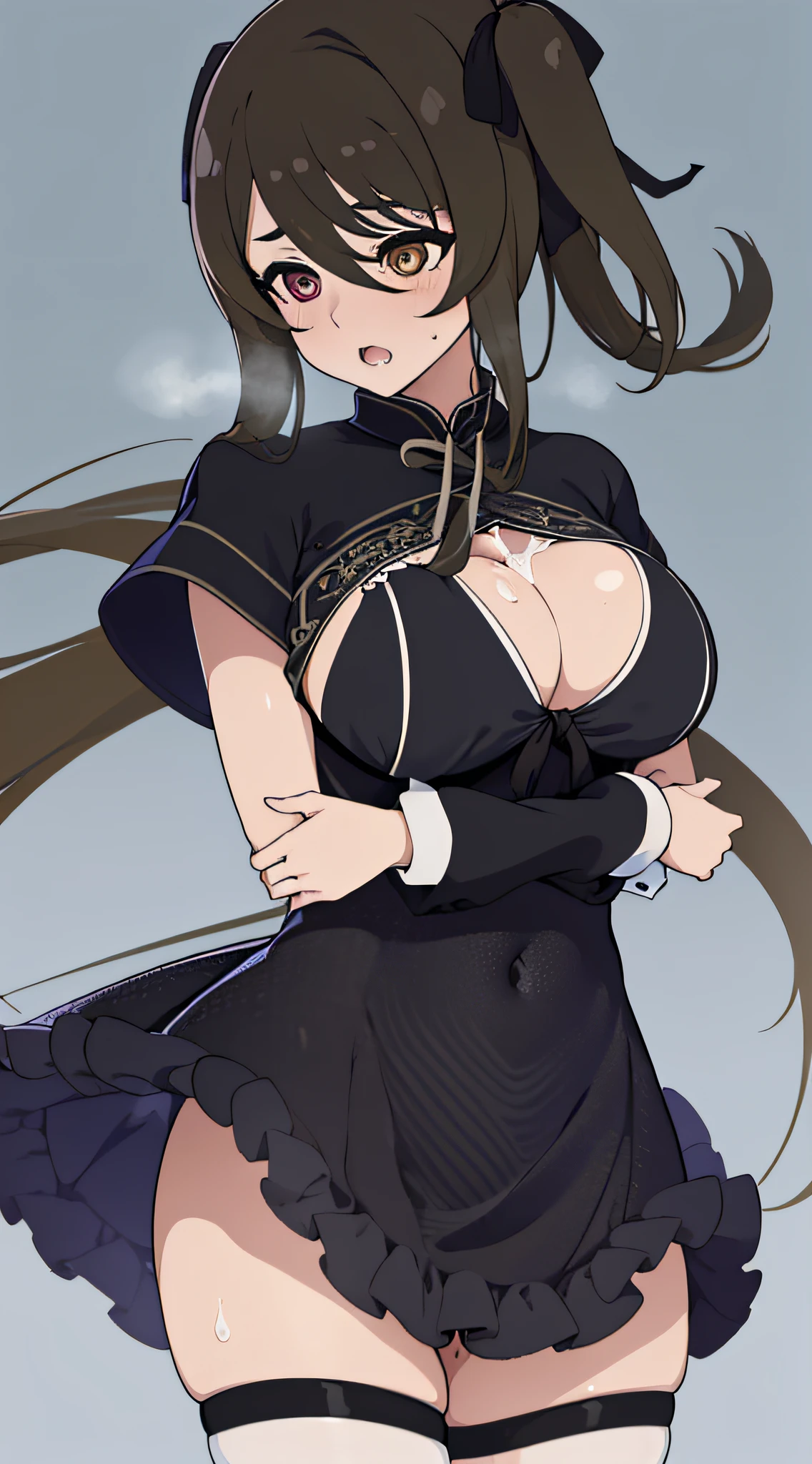 masterpiece, best quality, absurdres, perfect anatomy, Kuo Shenlin,breasts blowjob,paizuri,penis,nsfw, 1boy,((busty)),cum on breast,heart shaped pupils,Sexy,Fascinating,thin fabric cheongsam,steam,girl trembling with sexual climax