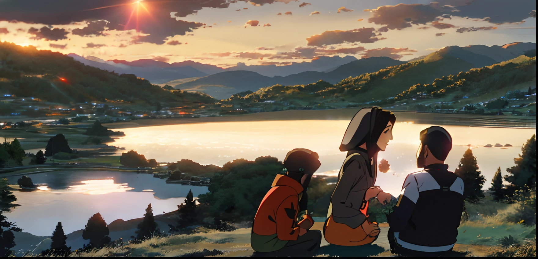 a husband and wife wearing hijabs with their 14 month old daughter, were sitting on a hill enjoying the view of the sunrise