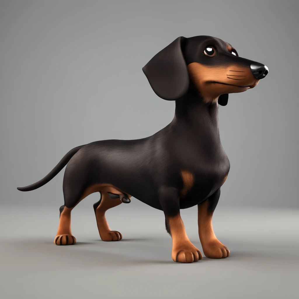 Weiner dog with all black fur, long hair, short legs, brown eyes, floppy ears