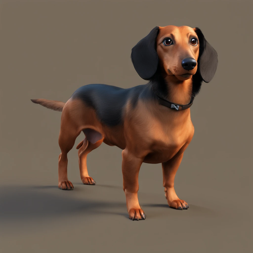 Weiner dog with all black fur, long hair, short legs, brown eyes, floppy ears