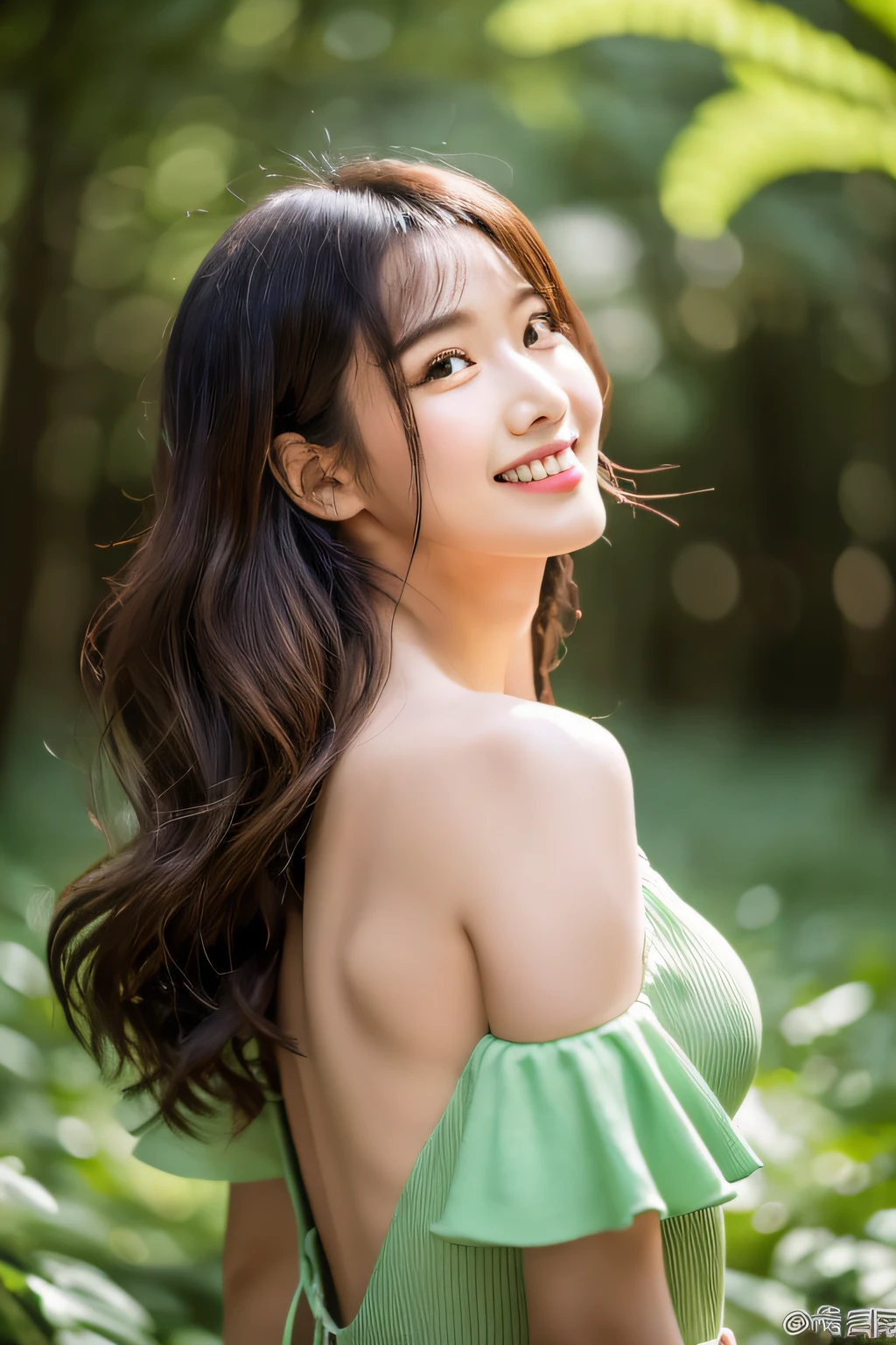 in woods、forest fae、masterpiece、top-quality、独奏、(paler:1.04)、(Curta:1.15)And(Curvaceous)femele(flawless skin:1.11)And(teats:1.1)、A smile、full body Esbian、Beautiful standing figure、high angle and(Green dress)、((Near and far law:0.6)Green dress)、(face perfect:1.1)with an intricate(high detal:1.1)Body、covering the navel、hiding breast、covers、eyes up、s lips、wings grow on the back,、Gorgeous brown long wavy hair、photographed by lee jeffries nikon d850 film stock photograph 4 kodak portra 400 camera f1.6 lenses Rich colors Ultra-realistic textures Dramatic lighting Art Station Cinestar 800 Unreal Engine Trends