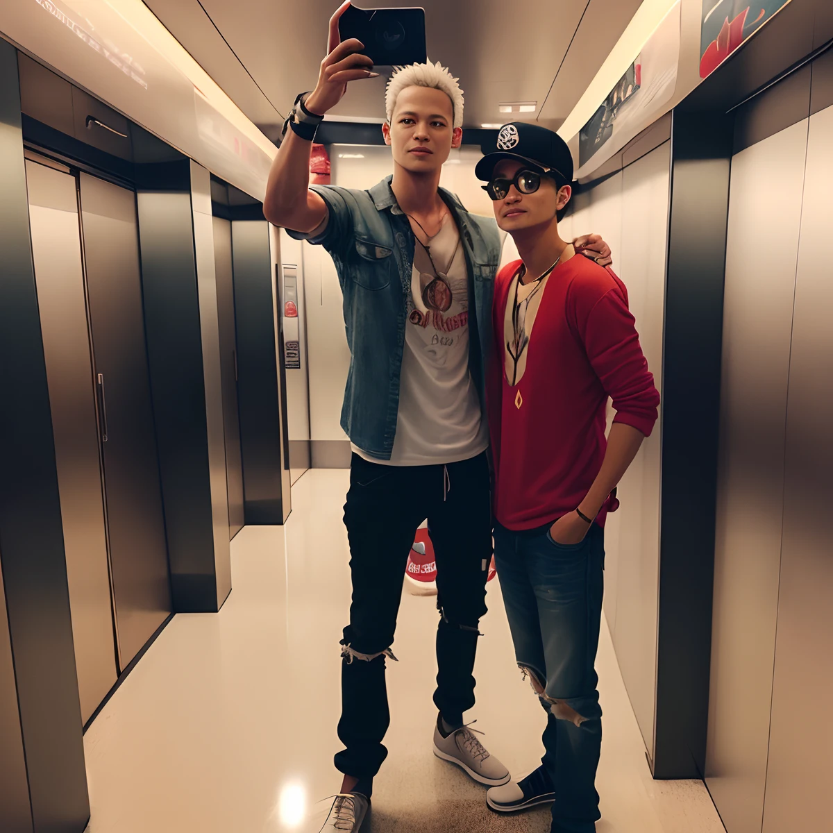 zoro amd luffy from one piece taking a fish eye picture in a elevator