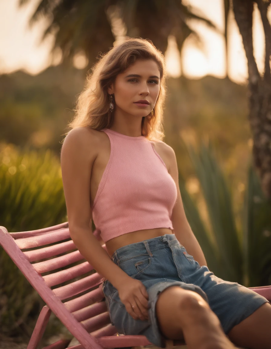 model, blond mid hair , 3/4 side posture, Malibu roller style, free shoulder , hand on knee, one bag in other hand, next to a street sign labelled "mikiti tattoos" sunny background with palmtree,