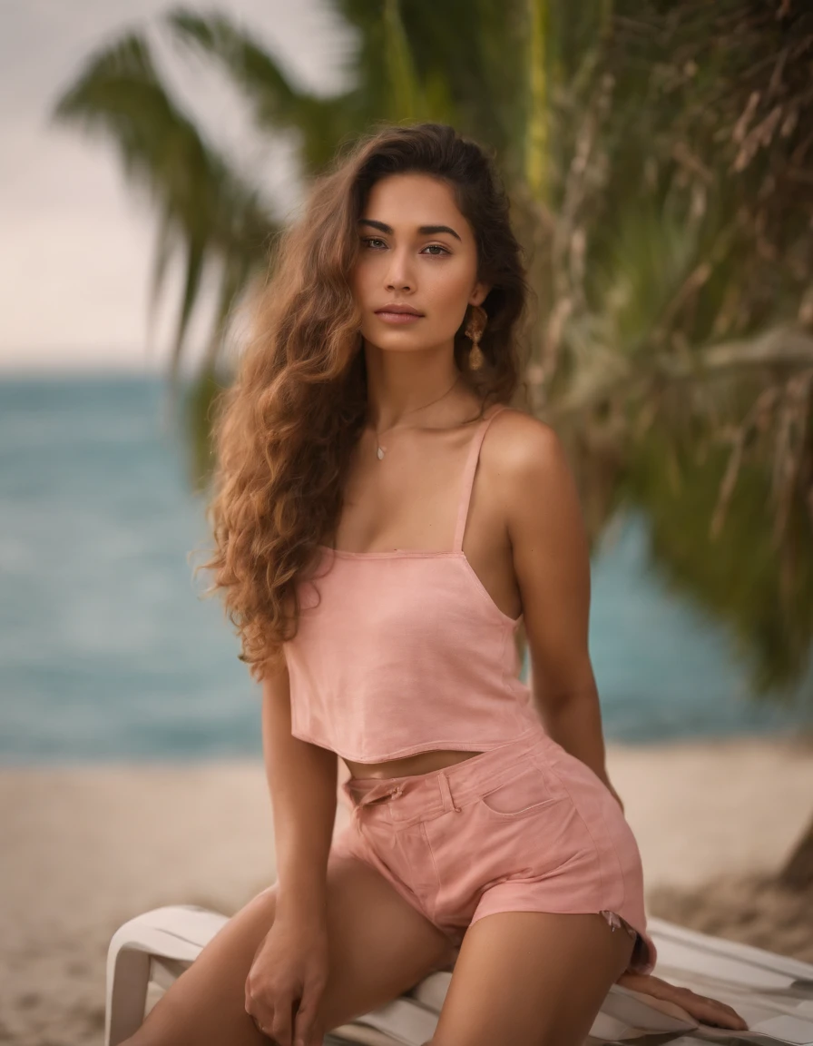 ultra high res, (photo realistic:1.4), raw digital photo, HDR, (sharp focus:1.0), (full body:1.5) of (1girls:1.1), beautiful 21-years-old, ((cute pink retro color color crop top), (shorts)), (imperfect uneven irregular skin, veins, detailed skin folds pores:1.2), (Sleeping:1.2) on a ( deckchair :1.4), sand (beach), background of beautiful (sea), beautiful sky, beautiful clouds, outdoors, (Rim light), (loop lighting:0.7), real-hands, film grain, (masterpiece:1.2), (best quality:1.2), 8k