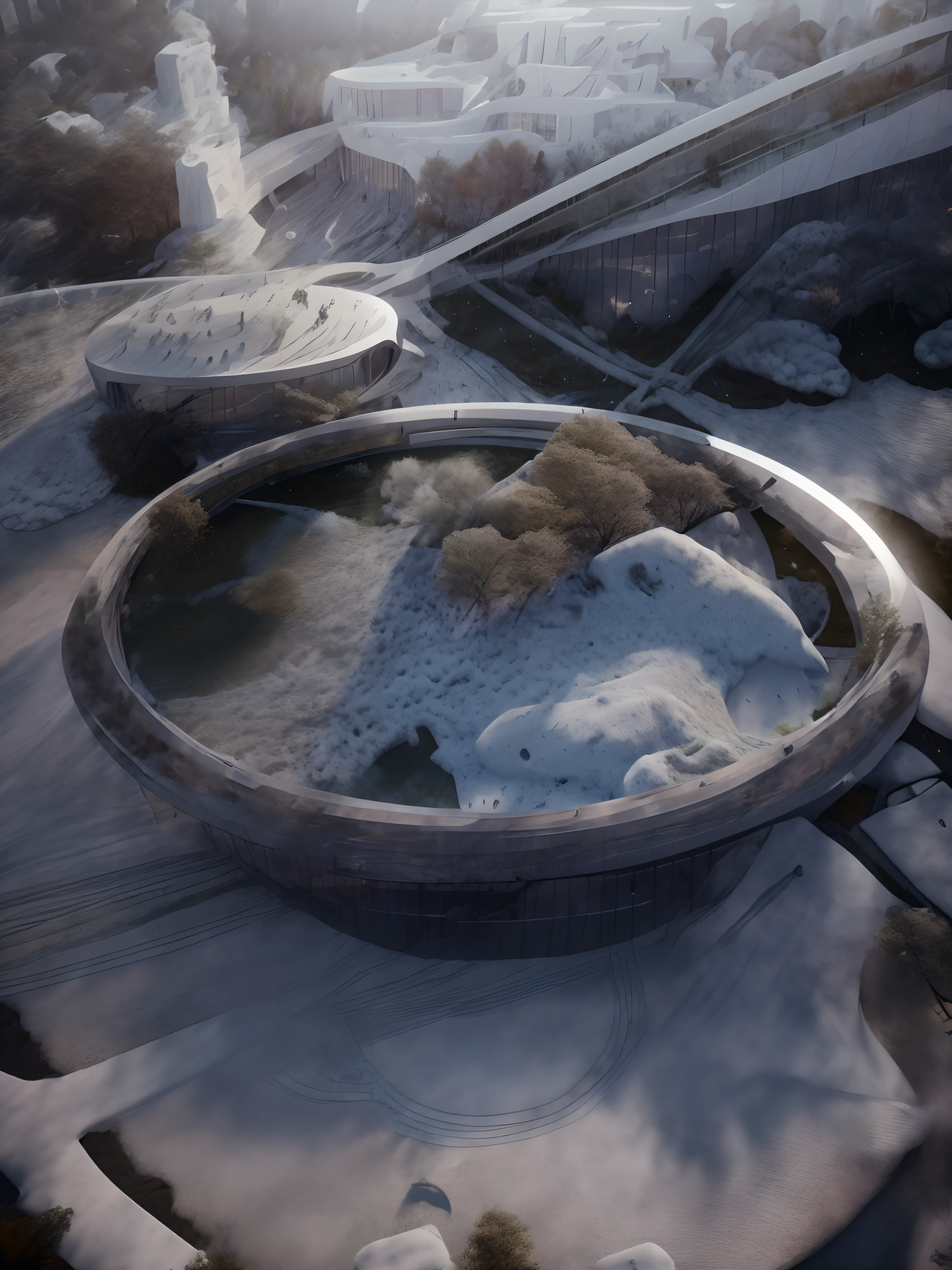 exterior, winter palace, building in Nordic, classical architecture, sharp details,overall perspective, night light, with snow, located in the woods, high rocky mountain landscape, there is water, white wall paint, stone material, paved walkway, big grass, photo quality high, 8k photo, render vray