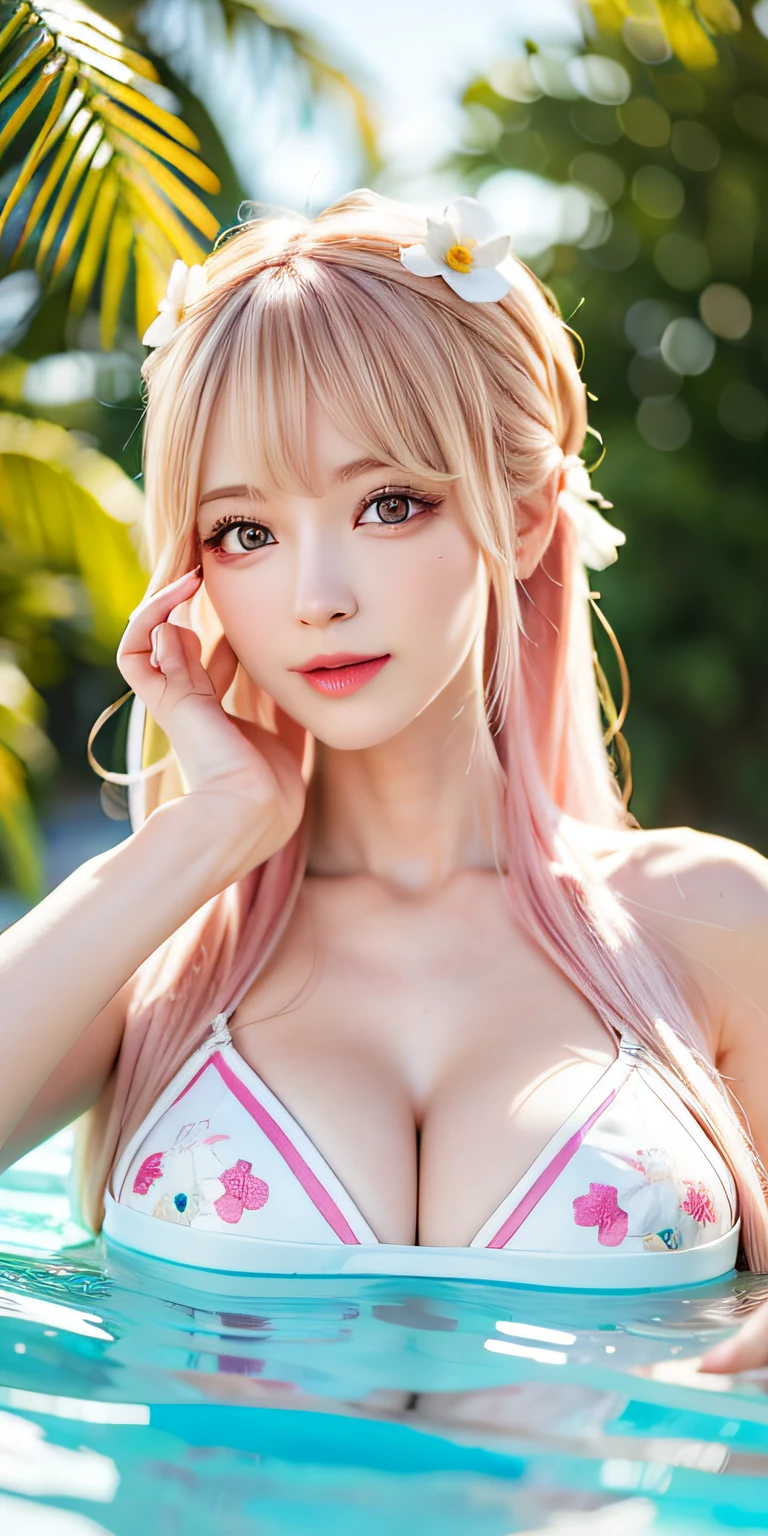 (8K, 4K, Best Quality, High Definition: 1.2), (Masteristic, Realistic, Photoreal: 1.37), 1 girl, Solo, Beautiful face, Eyelashes, Nose, Glossy lips, (Fine eyes, Beholder, Fair skin, White skin: 1.5), fine complexion, Upper body, Swimsuit, Micro Bikini
big, Big, (: 1.5),
outdoor bath,
ridiculously long hair, Blonde hair, Pink hair, Bangs, 2 sides up,
年轻, old, The shape of the fingers is beautiful, Areola visible
