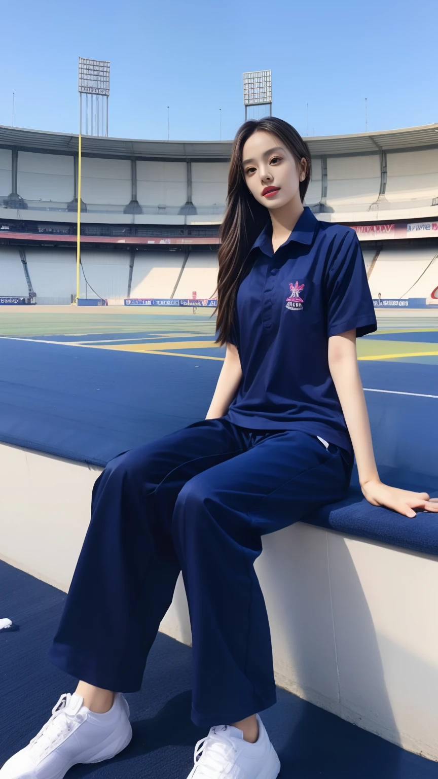 (bestquality,10,10,highres,masterpiece:1.2),ultra-detail,(Realistic,photorealistic portrait,photo-realistic:1.37),1 cute girl sitting on the football field,oily shiny skin,bara,light smile,BDclothes,((blue shirt:1.3)),short sleeves,shirt, trousers.,(navy_long_Pants Track:1.1), ((Stadium Background:1.3)),dynamic angle,excited,face focus,Dynamic Poses,from behide,Ass Focus,masterpiece, bestquality, ultra realistic, hyper-detail, 8k resolution, RAW photo, crisp focus, ((Navy blue shirt:1.1)), short sleeves, Long Path, Perfect body, 2 mature women, 18yo, cinematic light,Blue sweatpants,Gymware,Correct anatomy,Complete body, Correct body, sharp face, Anatomically correct body, full entire body, Realistic gestures, long-haired, Realistic poses,Wear long shorts....................,Long leg span,Shapely,Sculpting Girl, Slender Figure, mannequin mannequins, Shapely, Beautiful body,Blue sweatpants