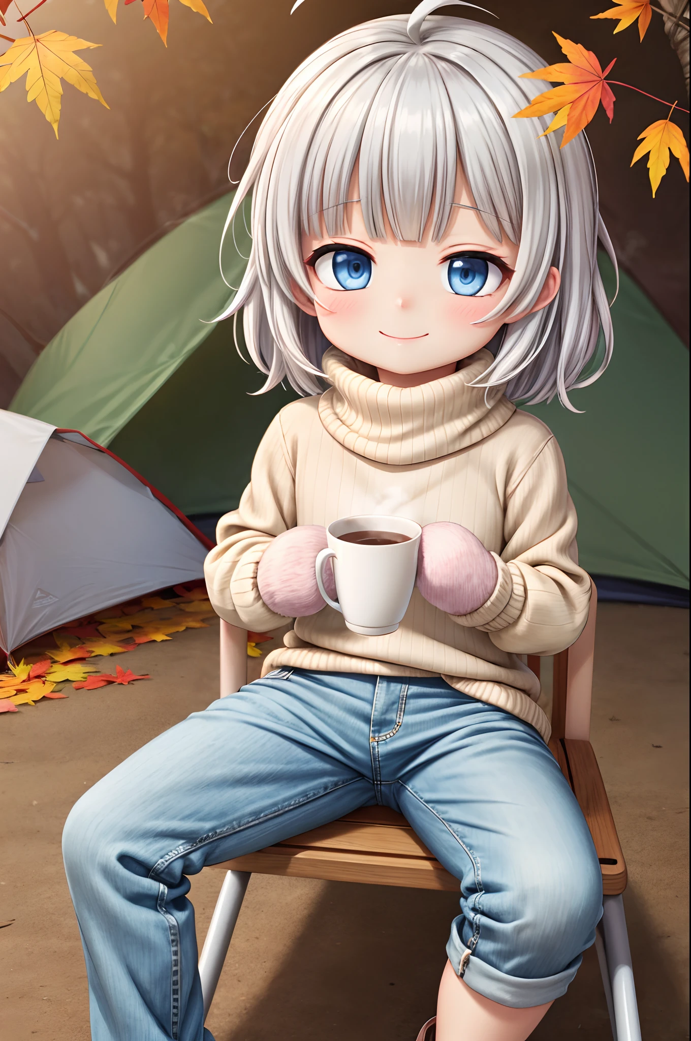 masterpiece,best quality,official art,extremely detailed CG unity 8k wallpaper,portrait,absurdres, turtle neck sweater, puffy turtle neck sweater, sitting in camping chair, looking at viewer, smile, outdoors, nature, tent, evening, evening glow, autumn, autumn leaves, cup, hot chocolate, steam, silver hair, ahoge, blunt bangs, puffy hair, short hair, messy hair, short, blue eyes, baggy pants, (mittens:1.2)