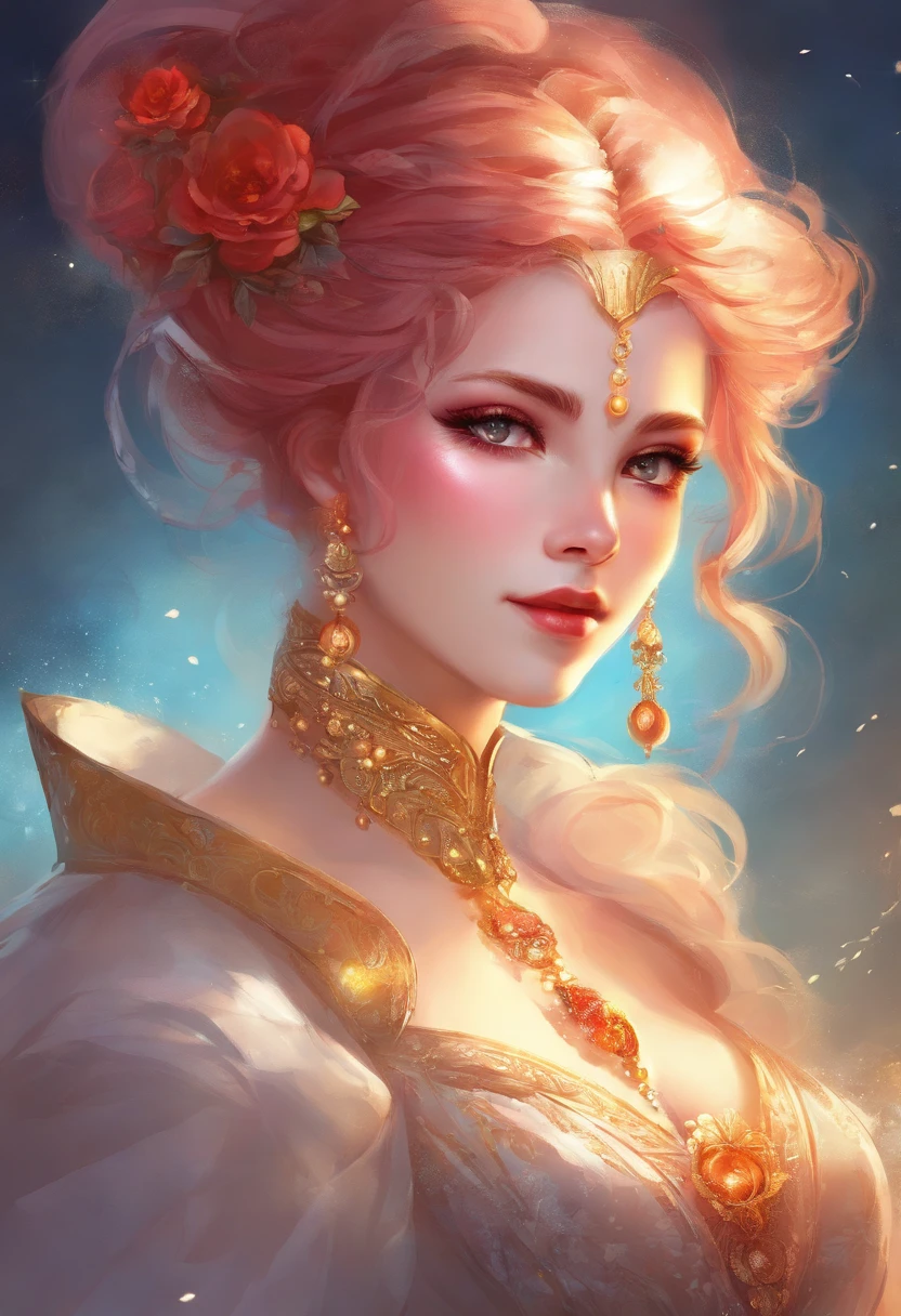 Mature anime woman, crimson hair, yellow eyes, hair in bun, pearls in hair, red Victorian dress, gold eyeshadow, glossy lips, long eyelashes