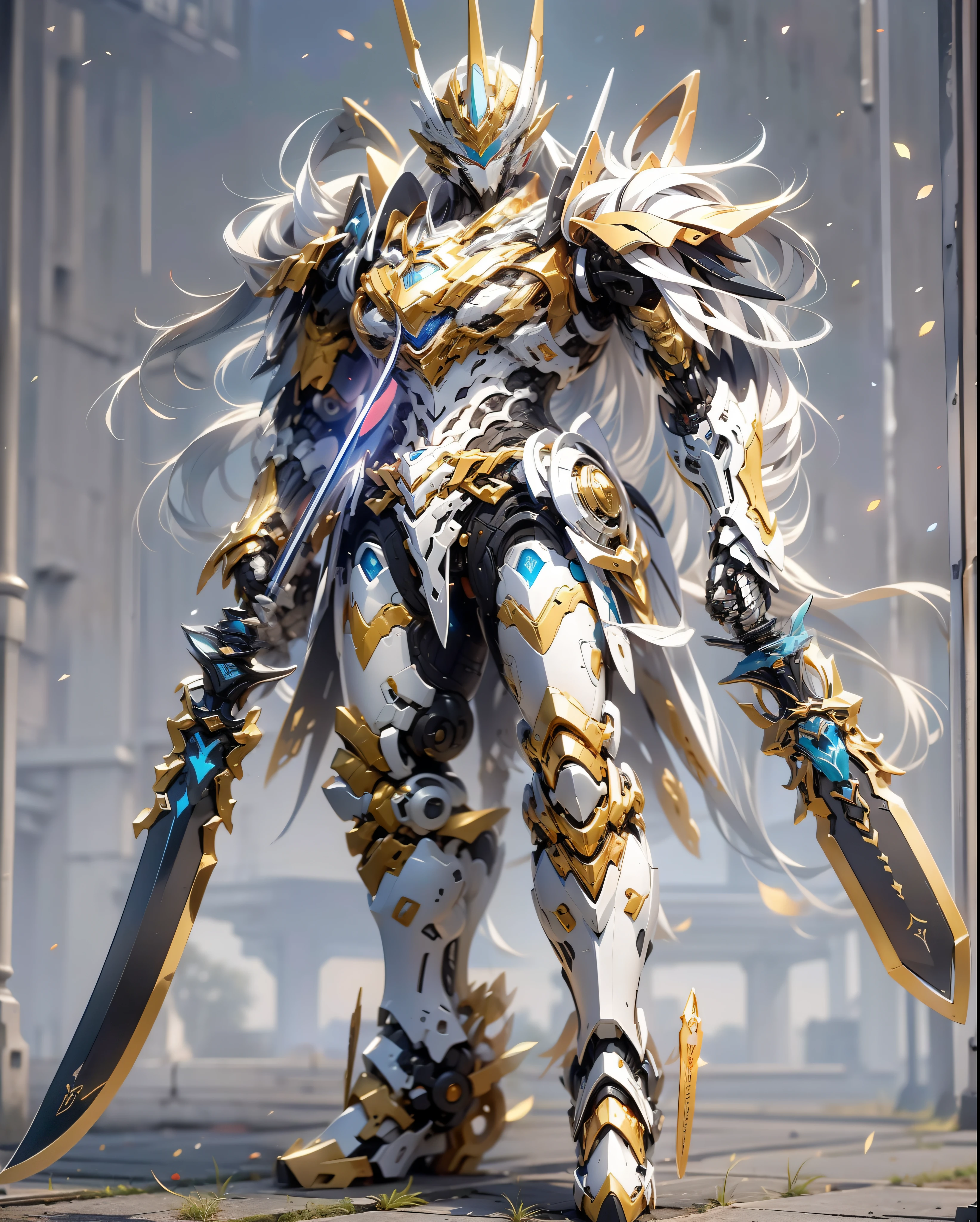 super wide shot, Full body frontal photo,Mecha male warrior， Jade Emperor style,《The mech colors are gold and silver-white》，（《Holding the Xuanyuan sword》，The sword is full of futuristic technology，），（Full body mecha）, Keqing from Genshin Impact, (Masterpiece) ， The best quality， High quality，Gold armor，电影灯光， （Exquisite future）， Beautiful and beautiful， Ultra detailed， great composition， Floating， Depth of field， （Very detailed CG，Unity 8k壁纸）， （Beautiful detail background）， dramatic lights， GOGETTA， Mecha，best qualtiy，超高分辨率，