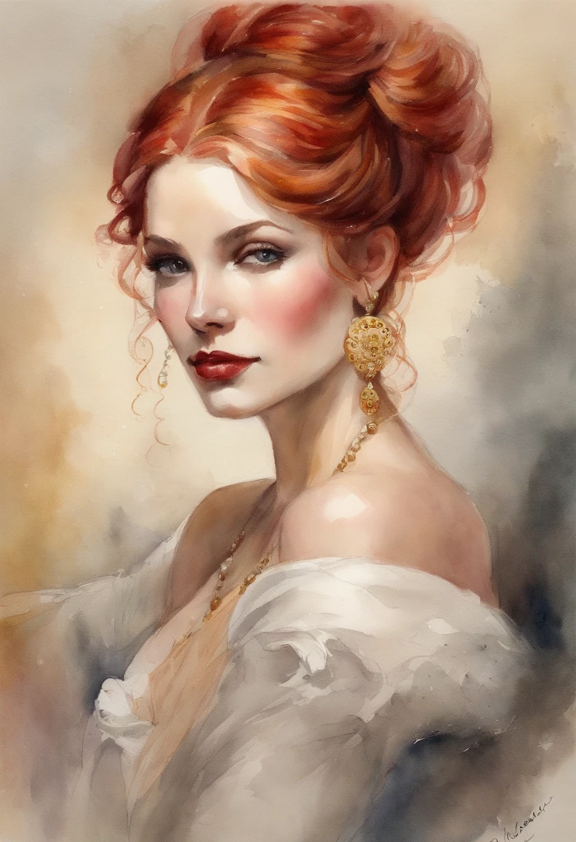 Mature anime woman, crimson hair, yellow eyes, hair in bun, pearls in hair, red Victorian dress, gold eyeshadow, glossy lips, long eyelashes