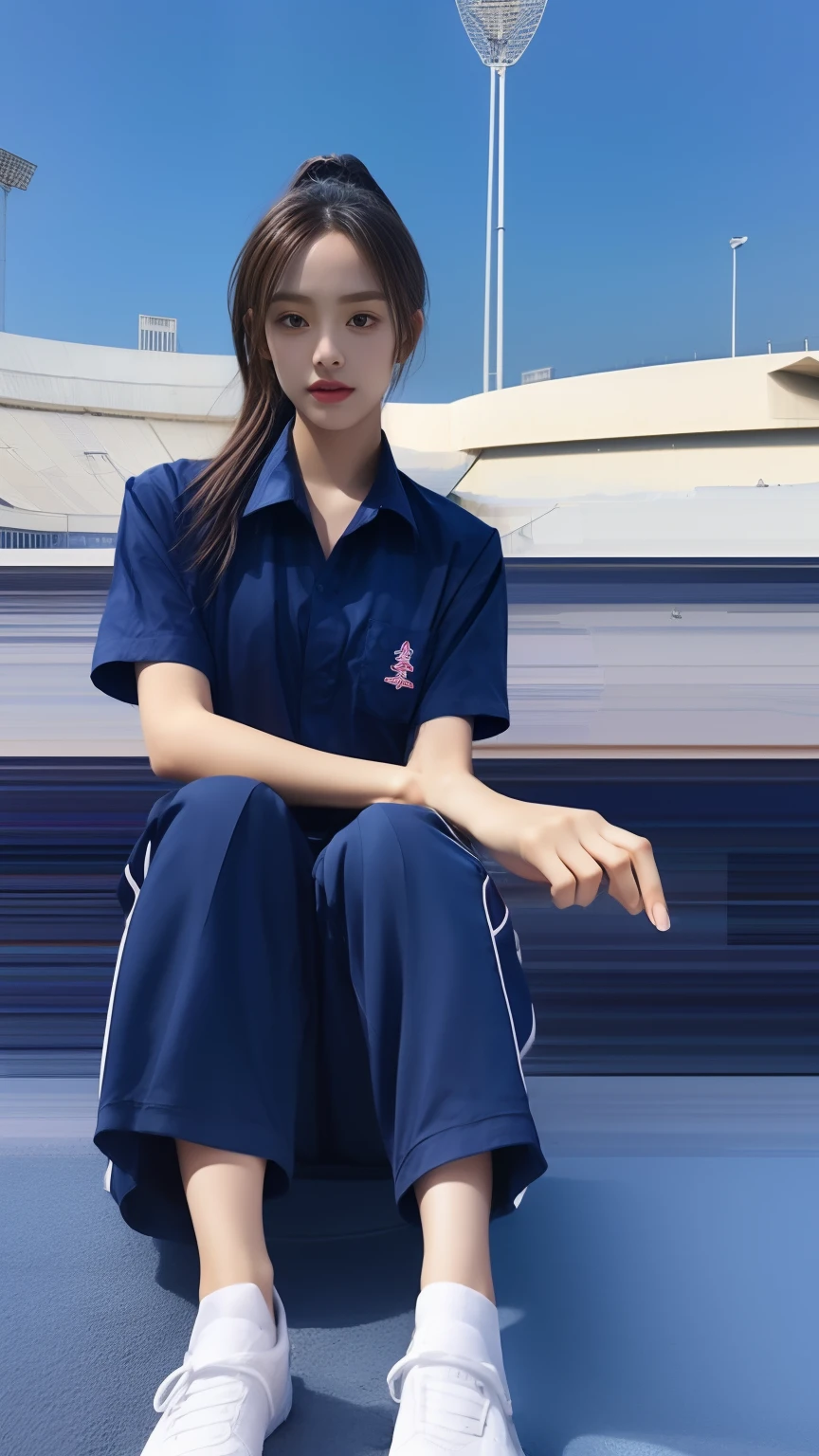 (bestquality,10,10,highres,masterpiece:1.2),ultra-detail,(Realistic,photorealistic portrait,photo-realistic:1.37),1 cute girl sitting on the football field,oily shiny skin,bara,light smile,BDclothes,((blue shirt:1.3)),short sleeves,shirt, trousers.,(navy_long_Pants Track:1.1), ((Stadium Background:1.3)),dynamic angle,excited,face focus,Dynamic Poses,from behide,Ass Focus,masterpiece, bestquality, ultra realistic, hyper-detail, 8k resolution, RAW photo, crisp focus, ((Navy blue shirt:1.1)), short sleeves, Long Path, Perfect body, 2 mature women, 18yo, cinematic light,Blue sweatpants,Gymware,Correct anatomy,Complete body, Correct body, sharp face, Anatomically correct body, full entire body, Realistic gestures, long-haired, Realistic poses,Wear long shorts....................,Long leg span,Shapely,Sculpting Girl, Slender Figure, mannequin mannequins, Shapely, Beautiful body,Blue sweatpants