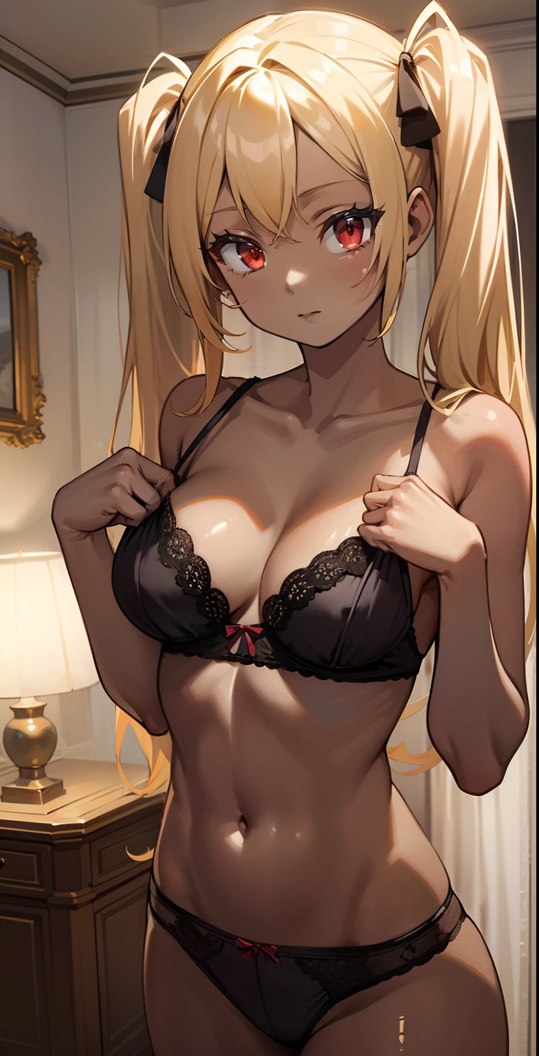 (masterpiece: 1.2, best quality), 1 lady, solo, sexy lingerie, lingerie details, in the bedroom, bedroom game, day, standing in the bedroom, blonde, twintails, red eyes, open collarbone, dark skin, ( open breasts: 1.1),