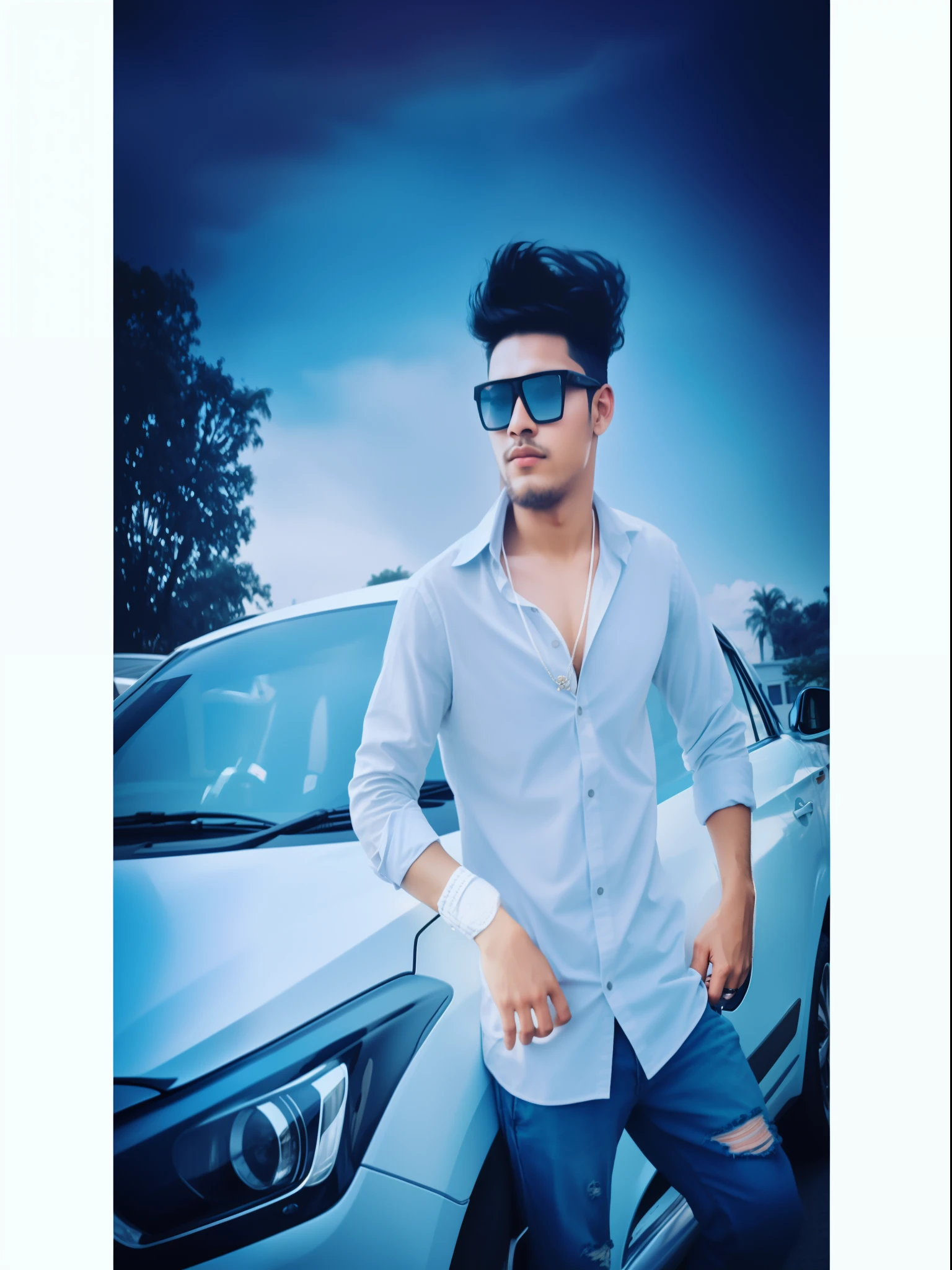 a close up of a man in sunglasses standing next to a car, casual photography, jayison devadas style, stylish pose, portait photo profile picture, edited in photoshop, mohamed chahin style, modeling photography, with a cool pose, with lovely look, auto photography, photograpgy, # myportfolio, modeling shoot, modelling, album photo, high quality picture