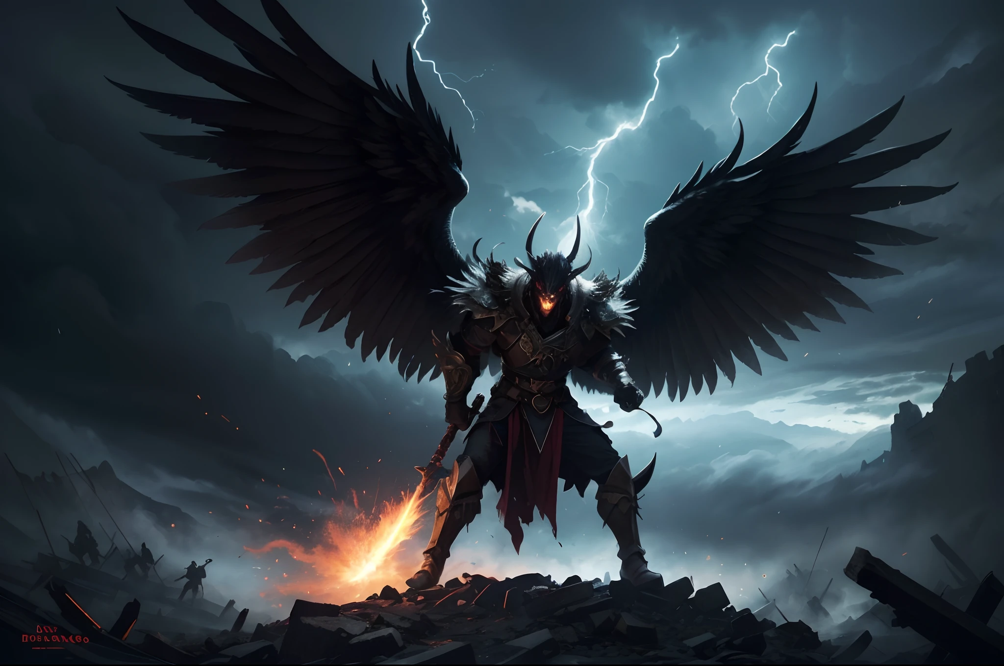 Gryphorix the Battlehorn,(best quality,4k,8k,highres,masterpiece:1.2),ultra-detailed,(realistic,photorealistic,photo-realistic:1.37),oil painting,dark fantasy,mythical creature,golden armor,majestic posture,fiery eyes,ferocious expression,feathered wings,sharp talons,intense battle scene,ominous sky,crumbling ruins,scattered weapons,smoke and dust,epic clash of forces,Gryphorix the Battlehorn standing on a mountain peak, gripping his massive battle hammer,powerful demigod, magical aura,energetic motions,wind-blown fur,stormy atmosphere,luminous lightning,ominous clouds,glowing runes,explosions of magic,life-and-death struggle,battlefield littered with fallen warriors,dynamic and action-packed,glistening scales,shining horns,raised battle cries,fierce determination,unleashing a devastating attack,underworld spirits,ancient prophecy,mythical battle between good and evil,unleashing his primal power,showcasing a battle of epic proportions,surreal and immersive,dark shadows and vibrant highlights,mesmerizing and captivating.