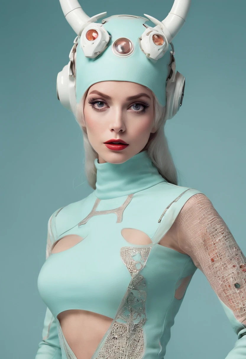 4k image from a 1960s science fiction film by Wes Anderson, ((perfect body)), perfect face, expressive eyes, (((NSFW))),Breathtaking demonic woman with horns dressed in sexy lingerie posing for a photo , 1960 - O Wes Anderson, asas de anjo nas costas, pastels colors, Retro-futuristic fashion clothes from the 60s, ), Retro-futuristic fashion clothes from the 60s with old robots, Luz Natural, Psicodelia, futurista estranho, retro-futurista, photo-realistic, Sharp background details.