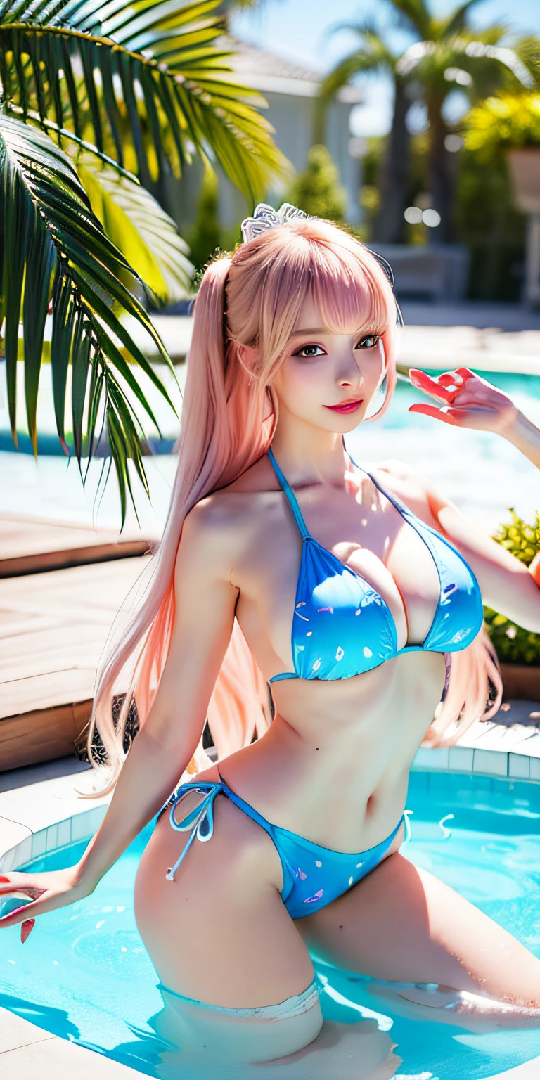 (8K, 4K, Best Quality, High Definition: 1.2), (Masteristic, Realistic, Photoreal: 1.37), 1 girl, Solo, Beautiful face, blue eyess、Eyelashes, Nose, Glossy lips, (Fine eyes, Beholder, Fair skin, White skin: 1.5), fine complexion, Upper body, Swimsuit, maikurobikini、Patterned Bikini
big, Big, (: 1.5),
outdoor bath,
ridiculously long hair, Blonde hair, Pink hair, Bangs, 2 sides up,
年轻, old, The shape of the fingers is beautiful, Areola visible