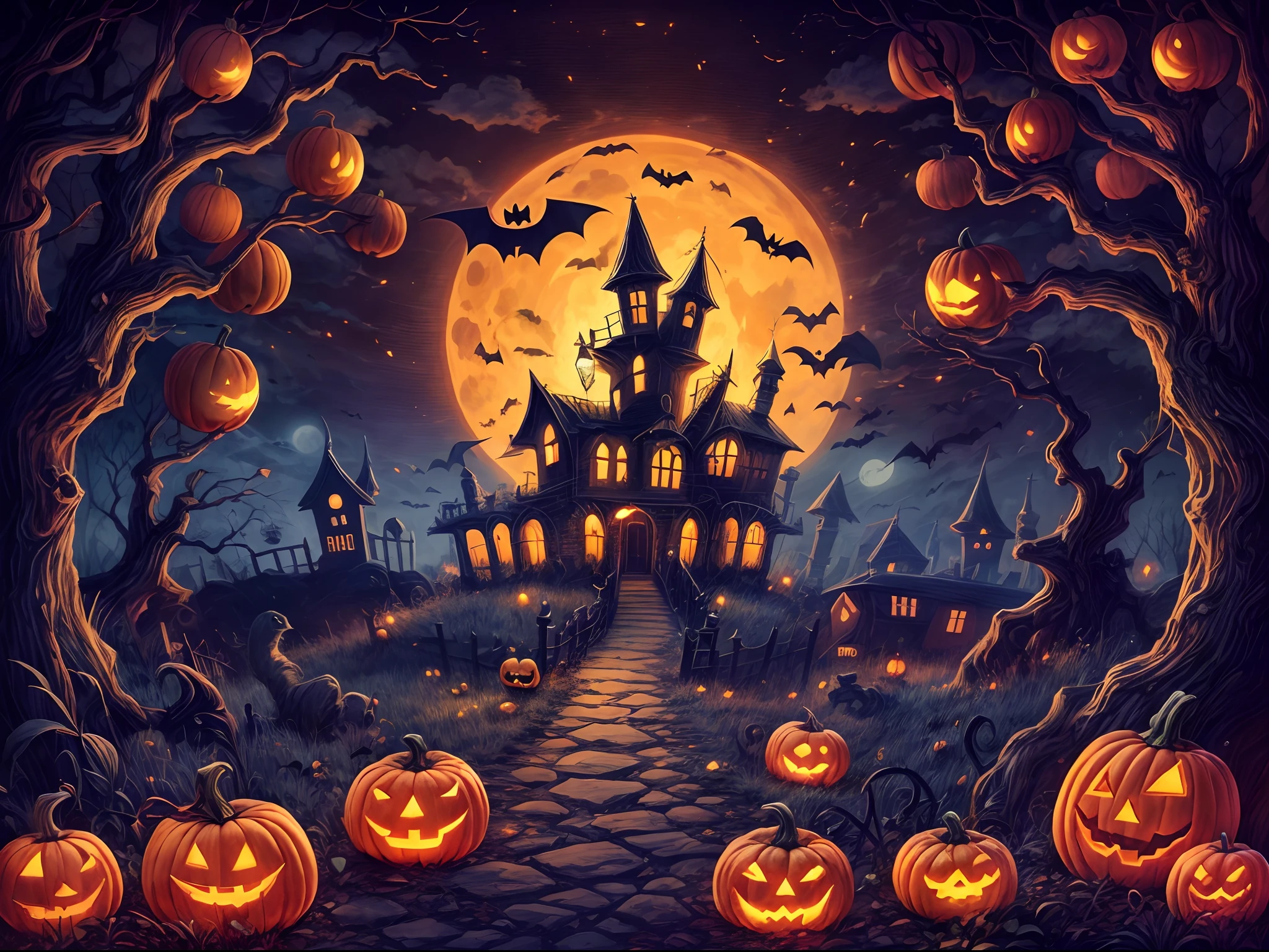 （Halloween dark fantasy），（ultra-wide-angle），rays of moonlight，（Delicious sweets，cute witch，Pumpkin monsters，mummy，Frankenstein), and other Halloween decorations，Halloween scene with pumpkins and creepy castle in the background, halloween scene, halloween atmosphere, spooky halloween night, halloween theme, spooky and scary atmosphere, halloween celebration, halloween night, haunted house themed, spooky mansion, Night of horrors, Fantasy world, Cute cartoon design style, the night，Skysky，Zangetsu），Electroluminescence，Dreamy glow，Conceptual digital art，Sky blue gray，（tmasterpiece，best qualtiy，hyper HD，extremely detaile，cinmatic lighting），gothicpunkai