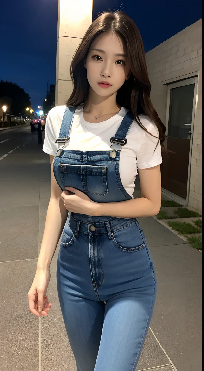 ((Midnight, Best quality, 8k, Masterpiece :1.3)), Whole body, Long legs, Sharp focus :1.2, A pretty woman with perfect figure :1.4, Slender abs :1.1, ((Dark brown hair, Big breasts :1.2)), (White tight tshirt, Jean bib, Standing:1.2), ((Night city view, Rooftop:1.3)), Highly detailed face and skin texture, Detailed eyes, Double eyelid