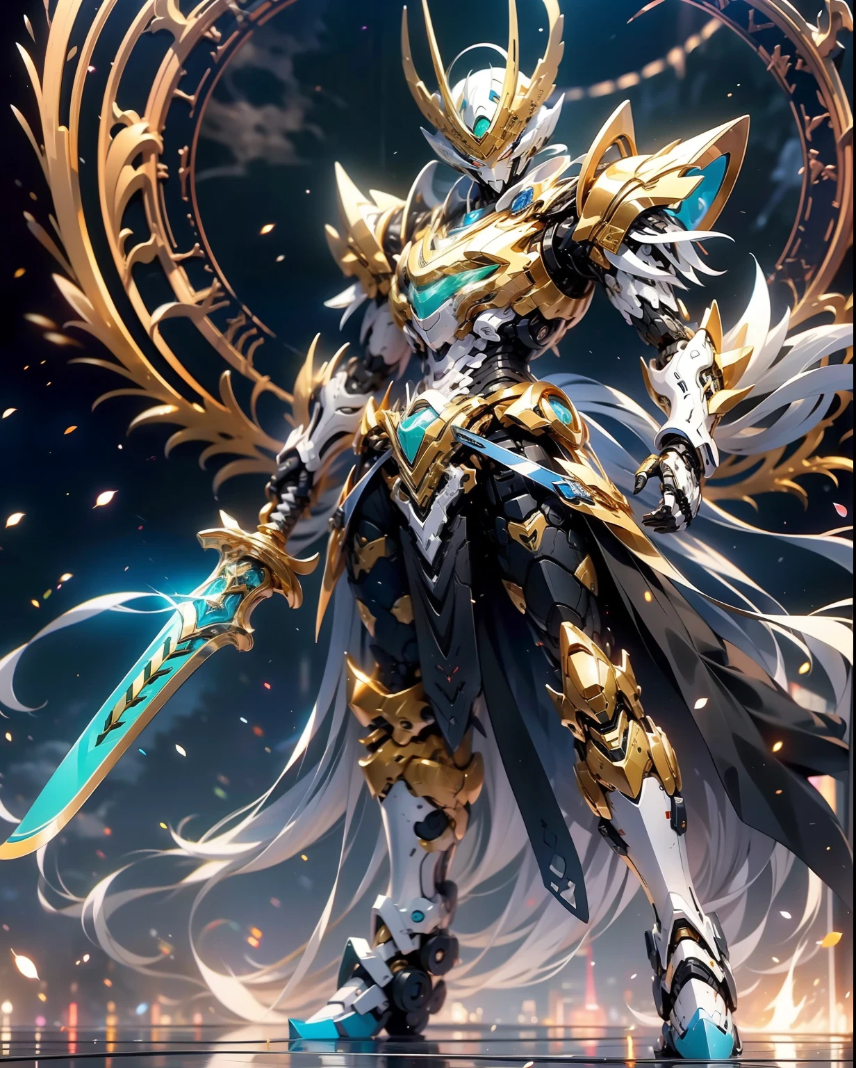super wide shot, Full body frontal photo,Mecha male warrior， Jade Emperor style,《The mech colors are gold and silver-white》，（《Holding the Xuanyuan sword》，The sword is full of futuristic technology，），（Full body mecha）, Keqing from Genshin Impact, (Masterpiece) ， The best quality， High quality，Gold armor，电影灯光， （Exquisite future）， Beautiful and beautiful， Ultra detailed， great composition， Floating， Depth of field， （Very detailed CG，Unity 8k壁纸）， （Beautiful detail background）， dramatic lights， GOGETTA， Mecha，best qualtiy，超高分辨率，
