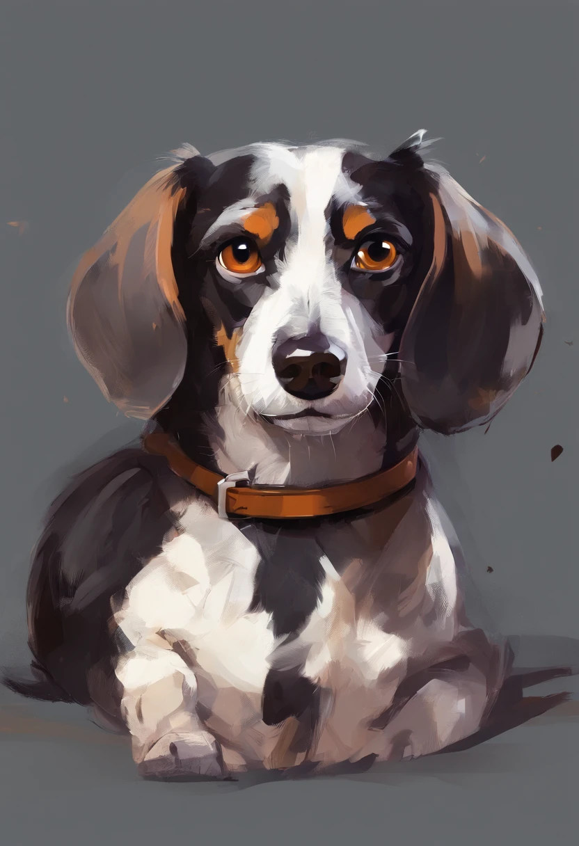 (Weiner dog), (long black hair with floppy ears), short legs, black dog, scruffy, (brown eyes)