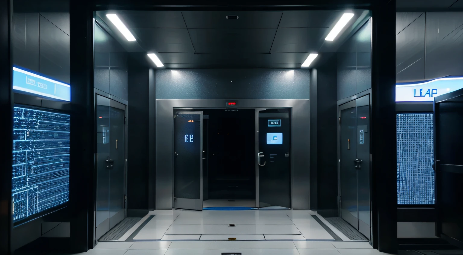 A close-up of the facility entrance, with advanced security measures and holographic displays reacting dynamically to Lena's entrance.