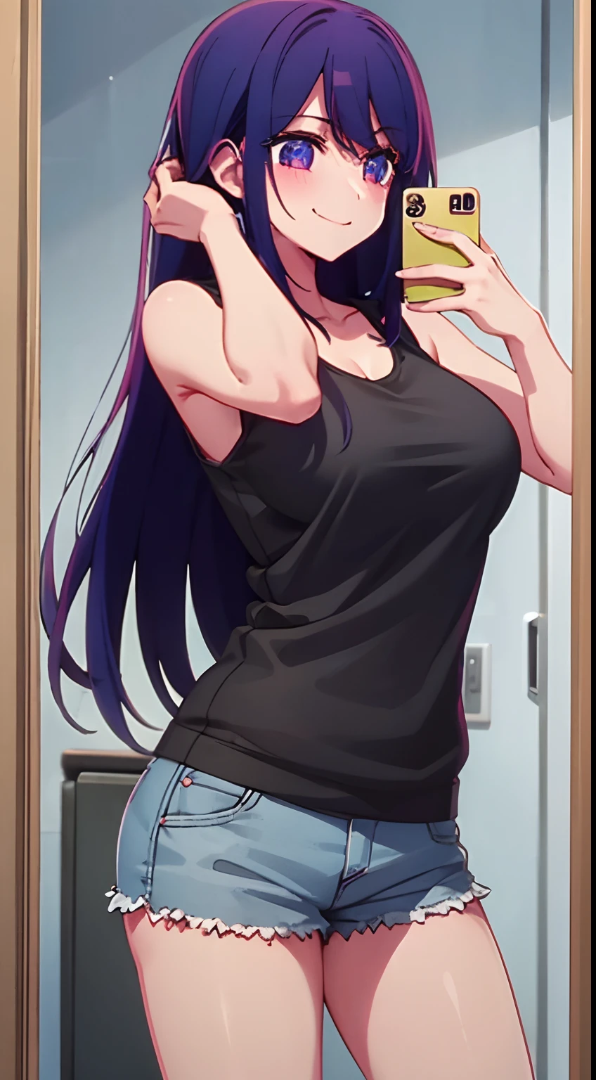 1 girl, long hair, big breasts, sexy body, smiling and blushing, wearing a tank top and short pants, holding a cellphone and taking photos in front of the mirror