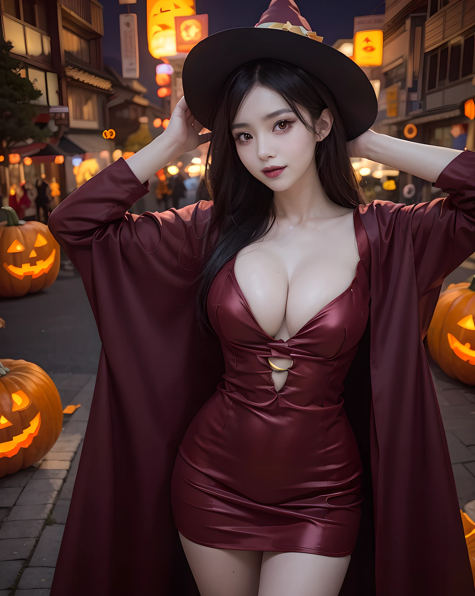 araffe dressed in a costume with a pumpkin and a hat, anime girl cosplay, in a halloween style, cosplay, cosplay photo, anime cosplay, japanese goddess, halloween celebration, trick or treat, ornate cosplay, halloween atmosphere, halloween night, loli, pretty sorceress, ayaka cosplay, cosplayer, chinese girl, full-cosplay, professional cosplay